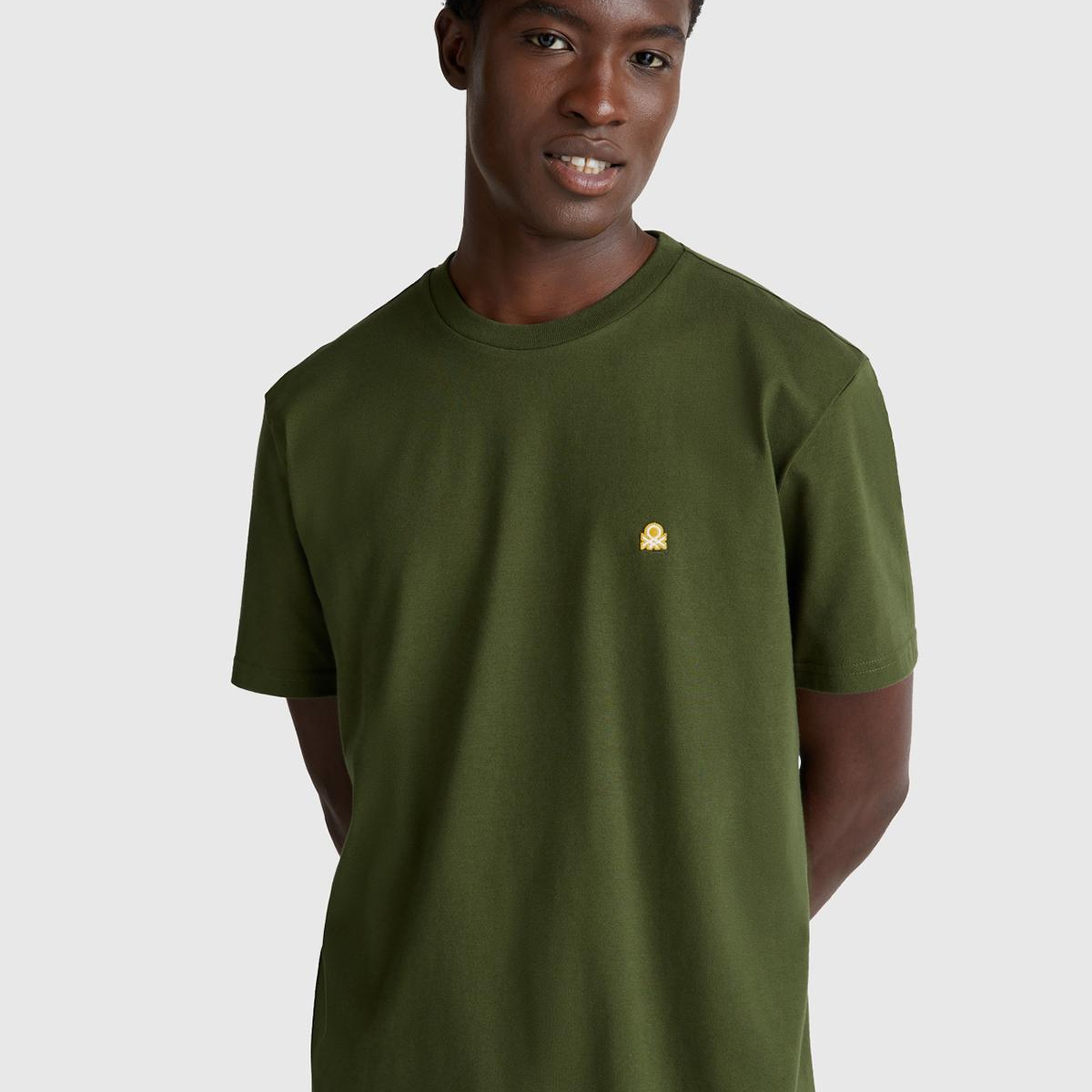 Erkek Haki %100 Koton Logolu Bisiklet Yaka T-Shirt
