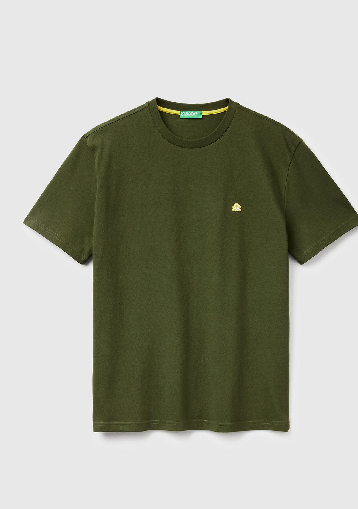 Erkek Haki %100 Koton Logolu Bisiklet Yaka T-Shirt