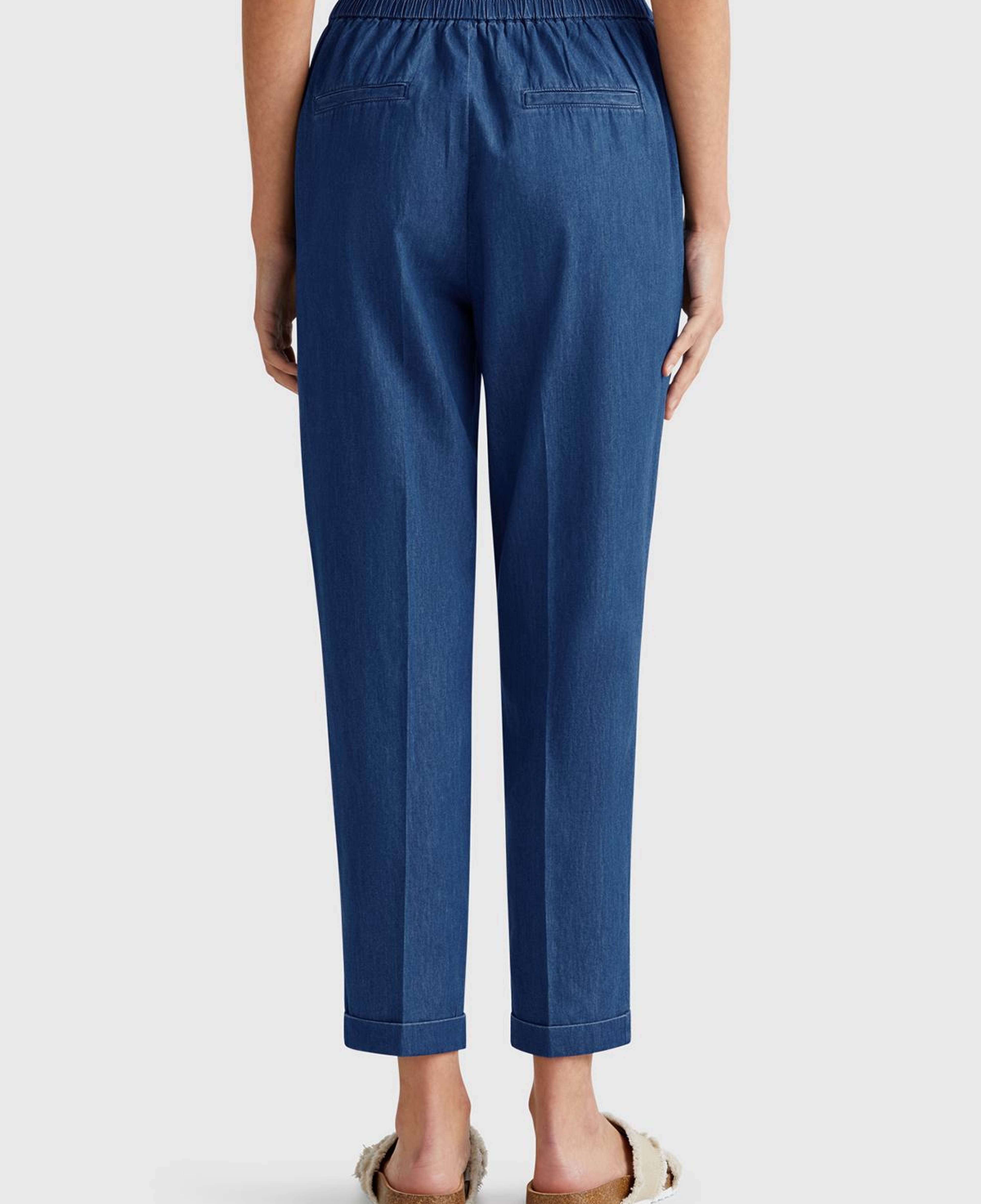 Kadın Koyu Mavi %100 Pamuk Pile Detaylı Slim Fit Pantolon
