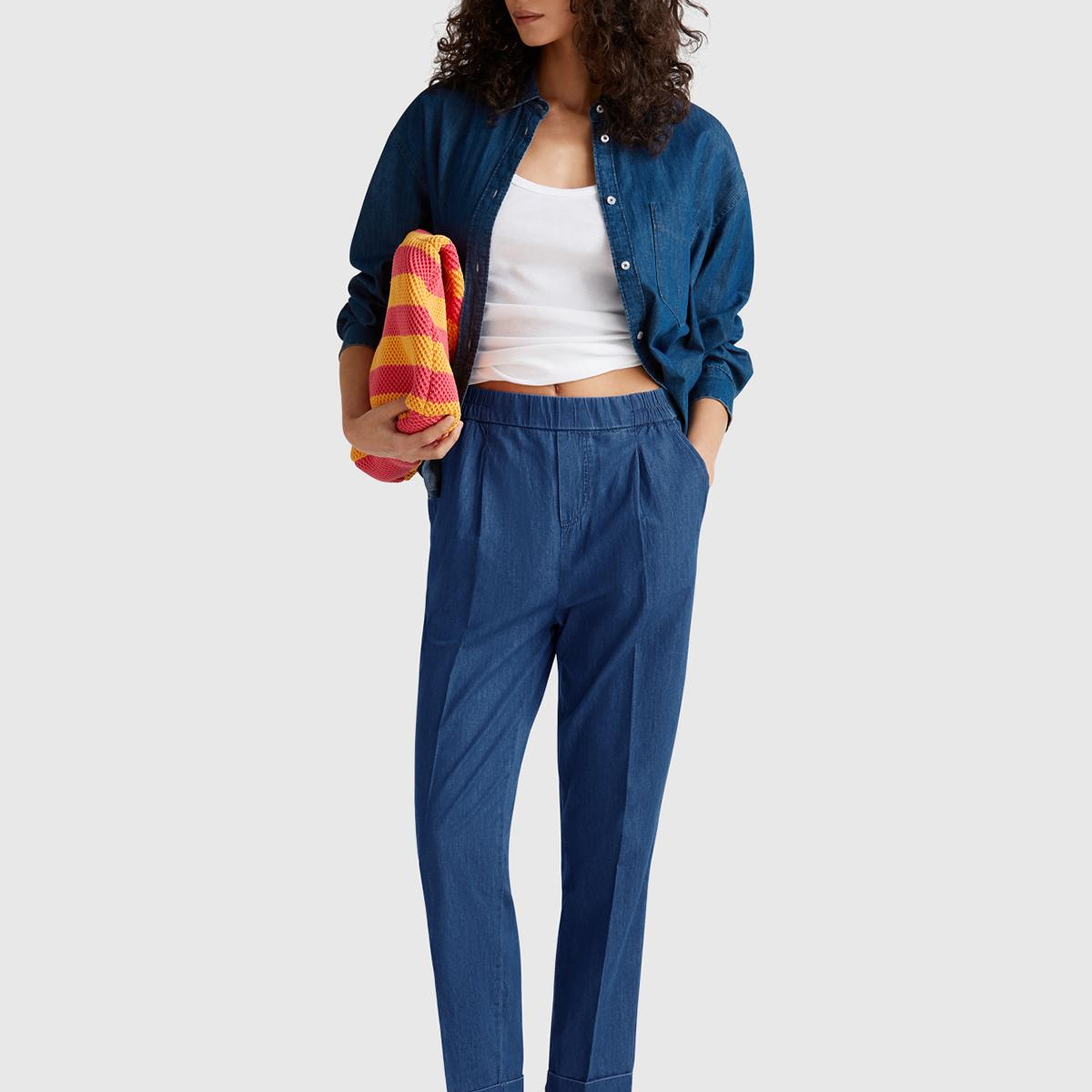 Kadın Koyu Mavi %100 Pamuk Pile Detaylı Slim Fit Pantolon