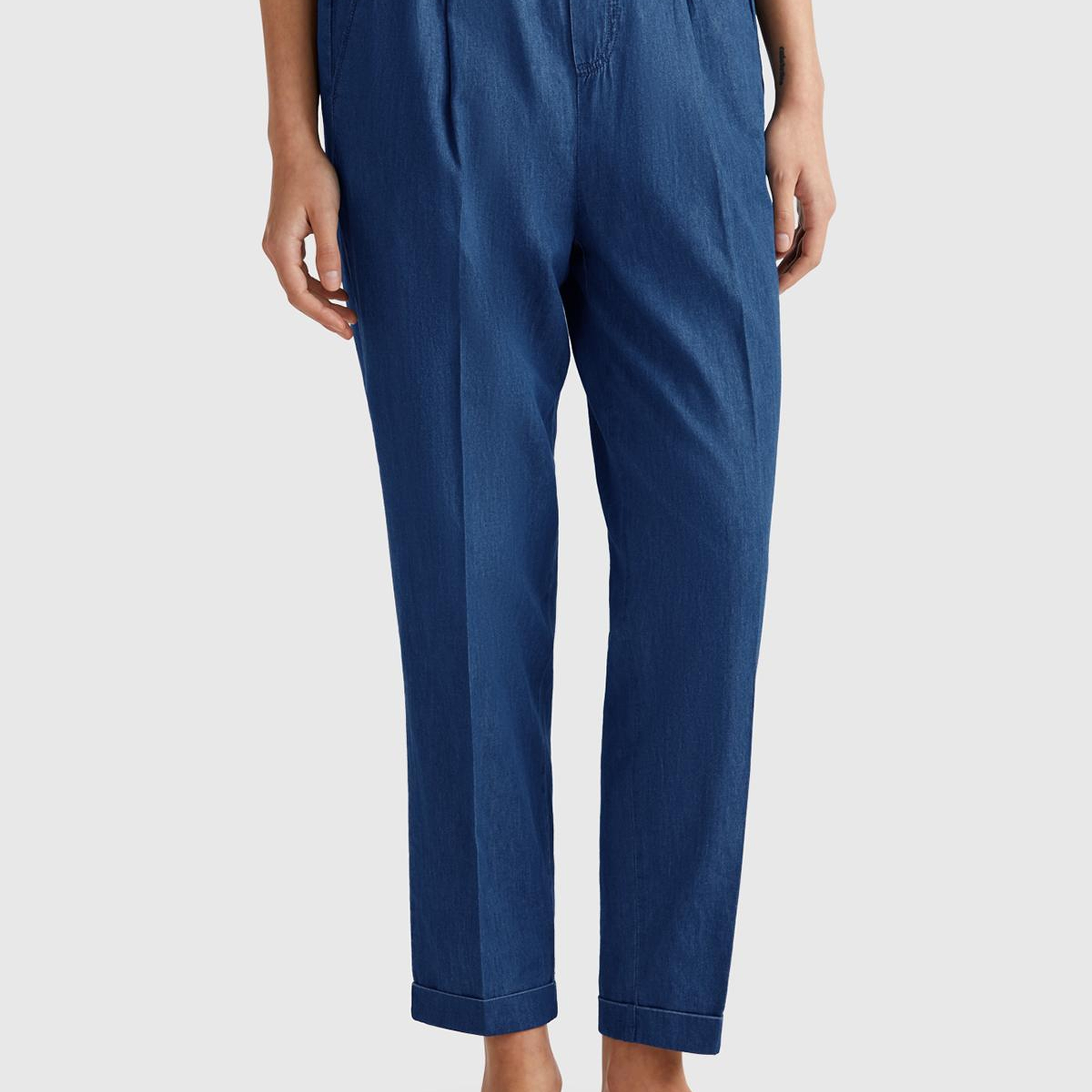 Kadın Koyu Mavi %100 Pamuk Pile Detaylı Slim Fit Pantolon