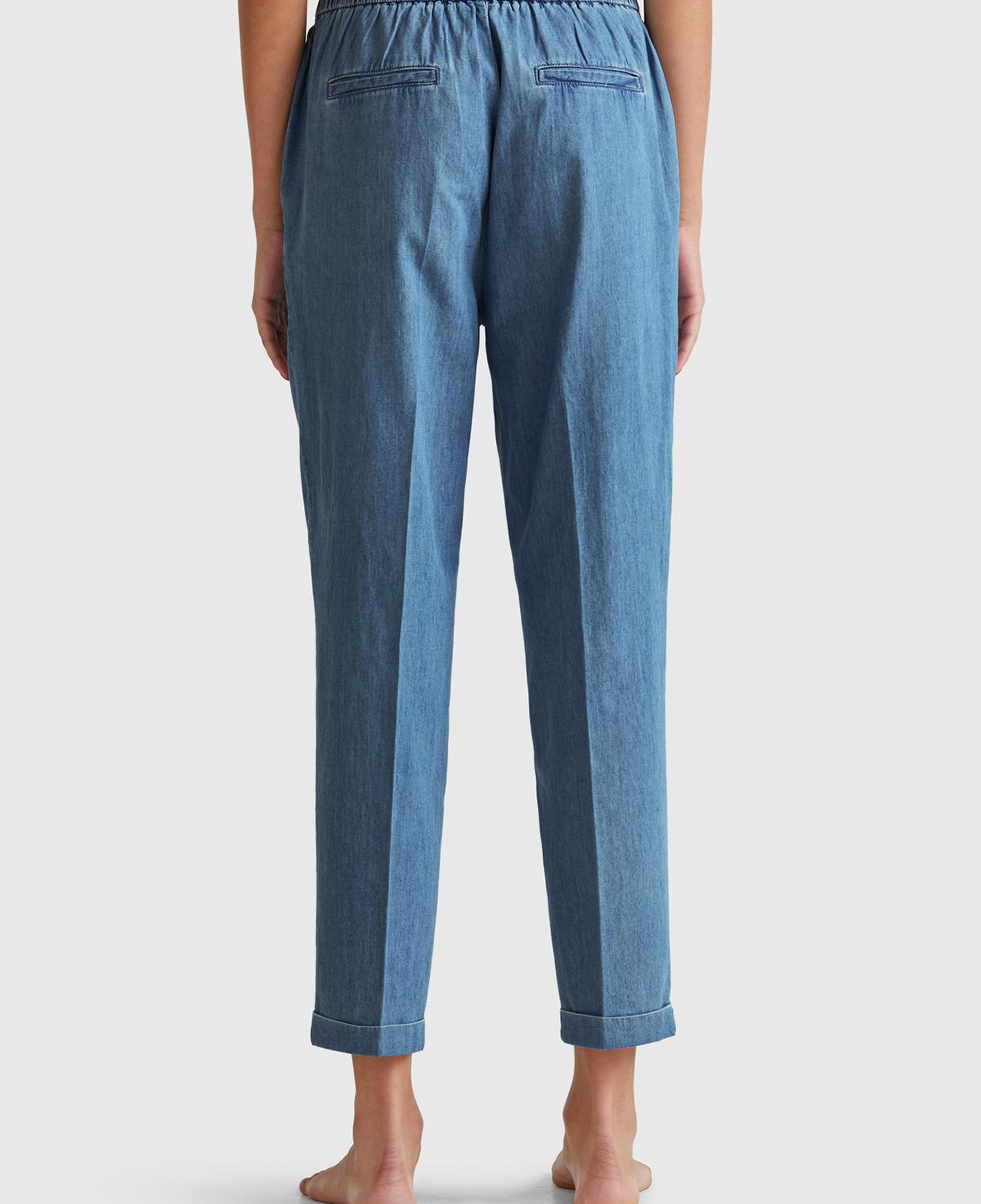 Kadın Açık Mavi %100 Pamuk Pile Detaylı Slim Fit Pantolon