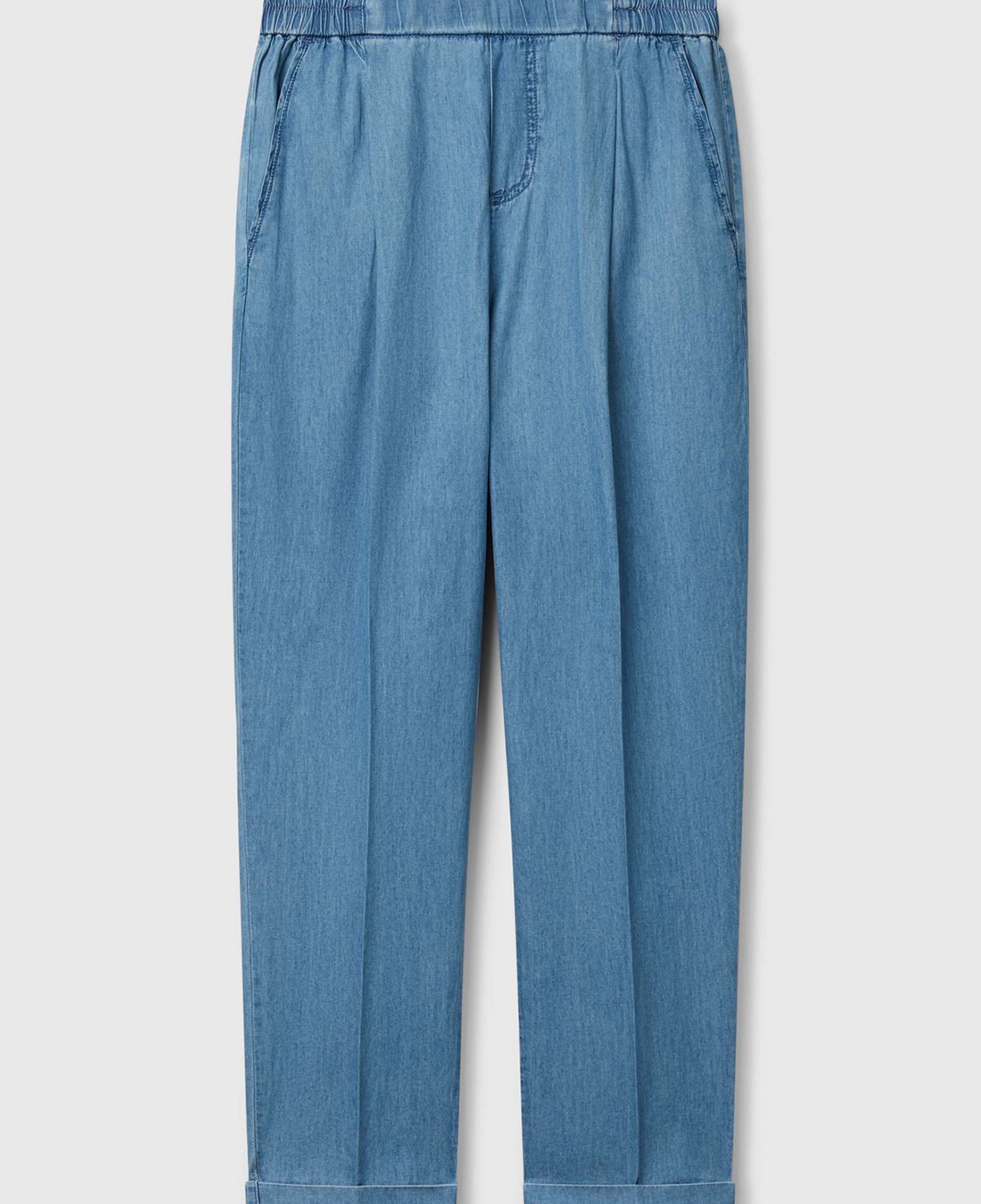 Kadın Açık Mavi %100 Pamuk Pile Detaylı Slim Fit Pantolon