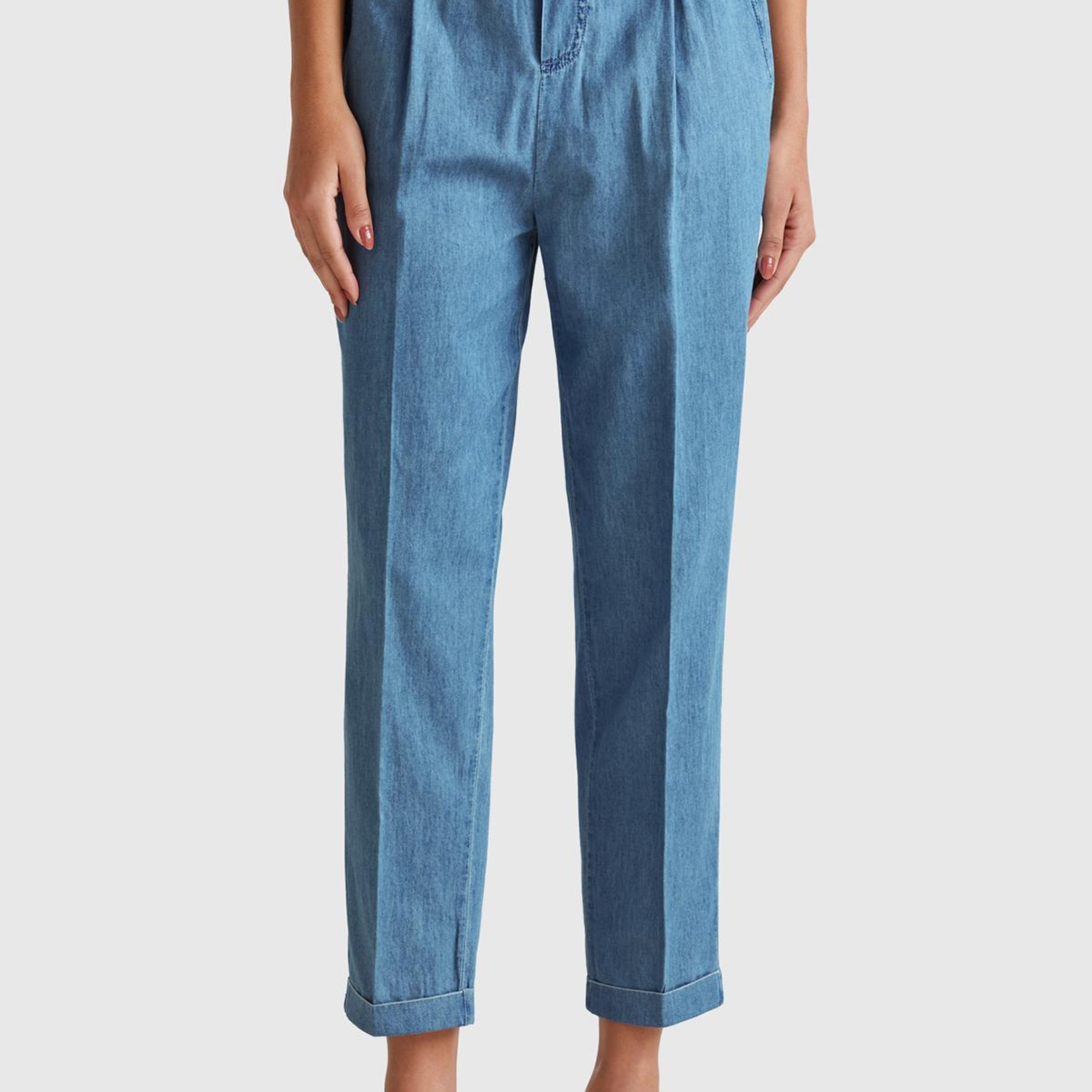 Kadın Açık Mavi %100 Pamuk Pile Detaylı Slim Fit Pantolon