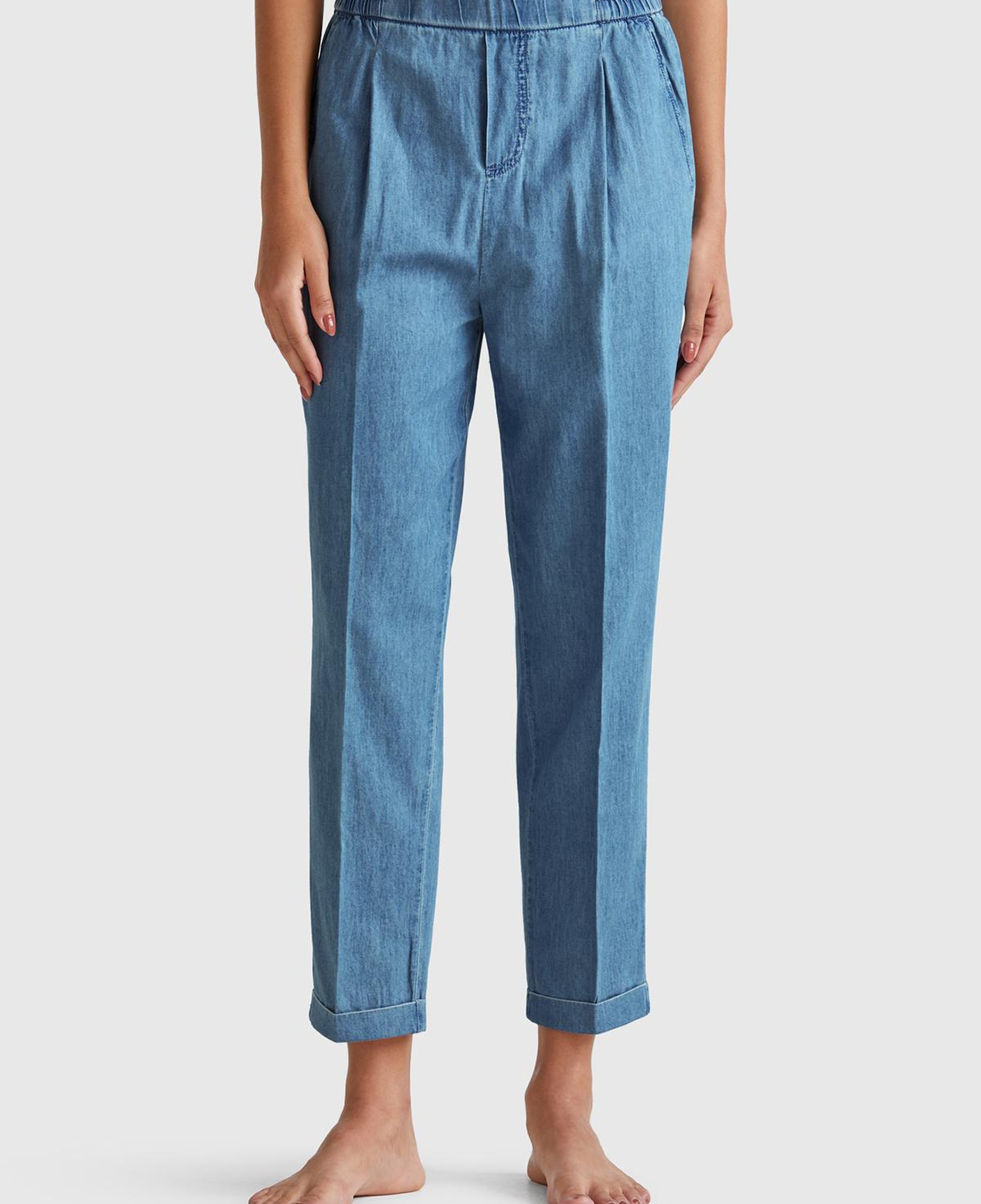 Kadın Açık Mavi %100 Pamuk Pile Detaylı Slim Fit Pantolon