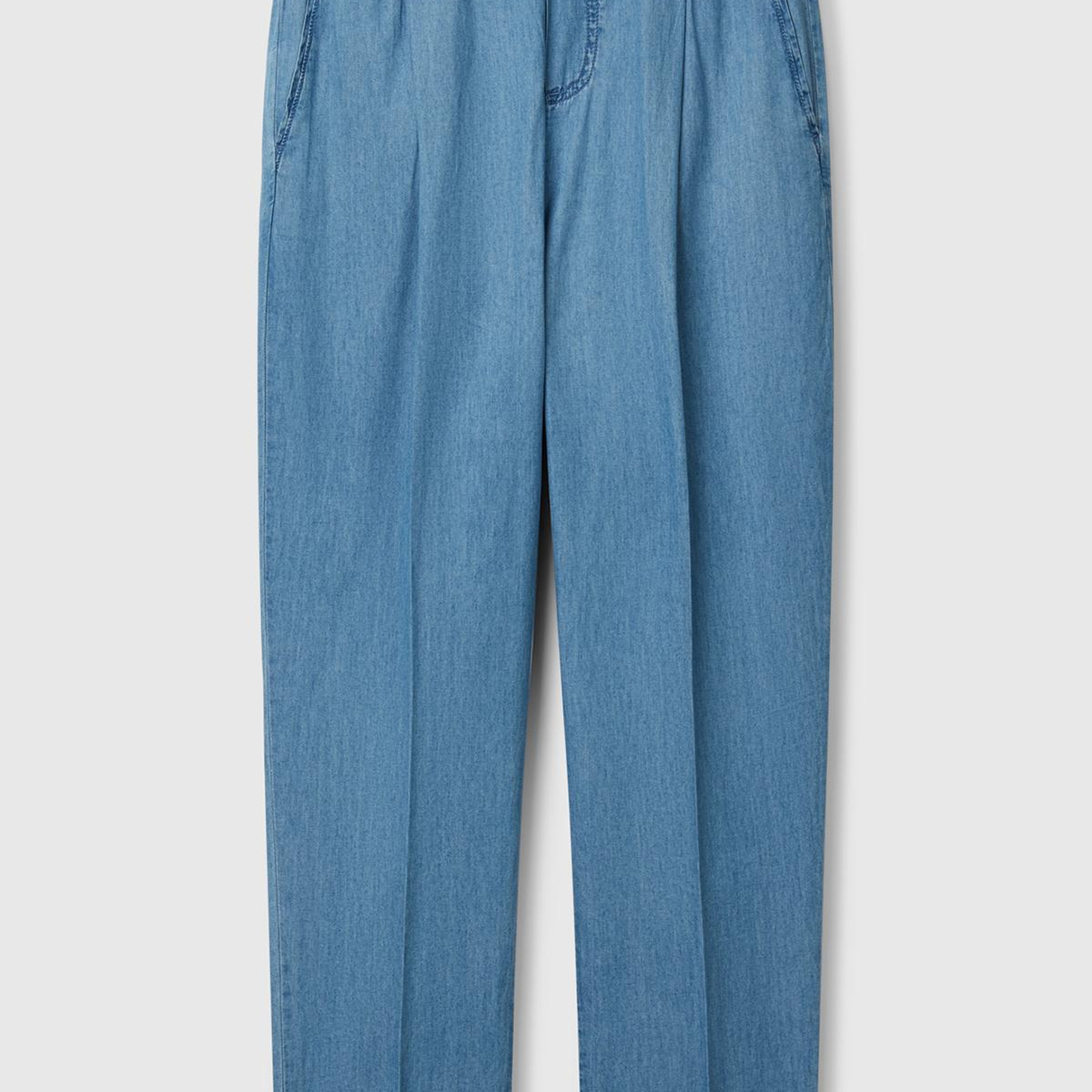Kadın Açık Mavi %100 Pamuk Pile Detaylı Slim Fit Pantolon