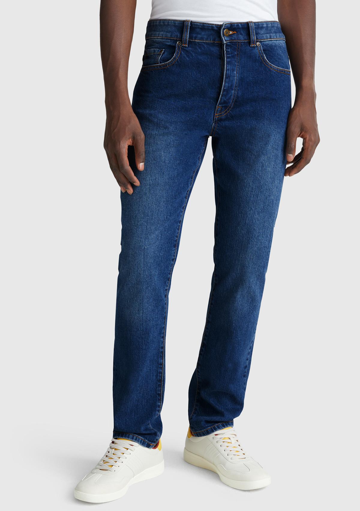 Erkek Koyu Mavi Pamuk Karışımlı Arkası Logo Etiketli Cepli Slim Fit Denim Pantolon