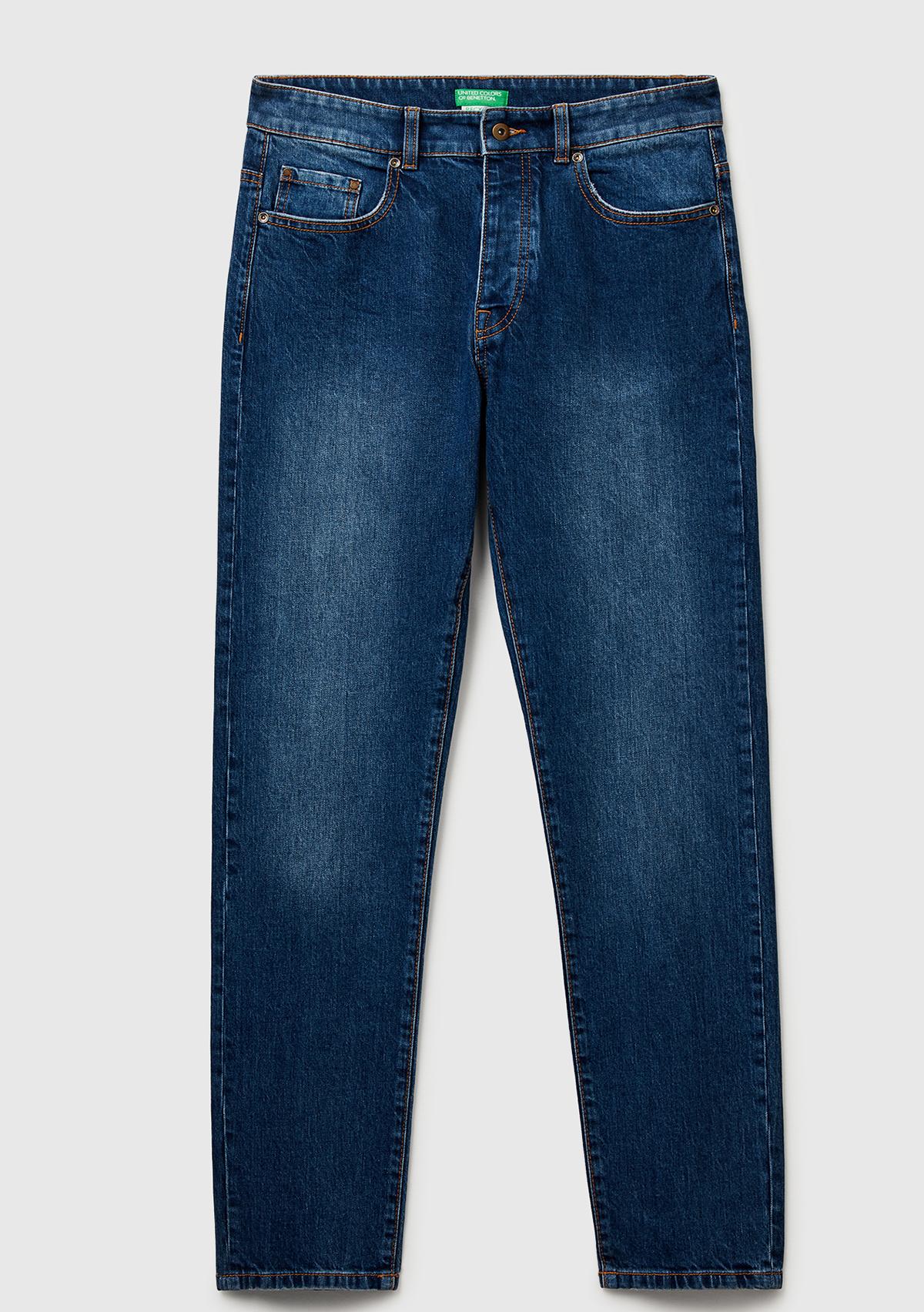 Erkek Koyu Mavi Pamuk Karışımlı Arkası Logo Etiketli Cepli Slim Fit Denim Pantolon