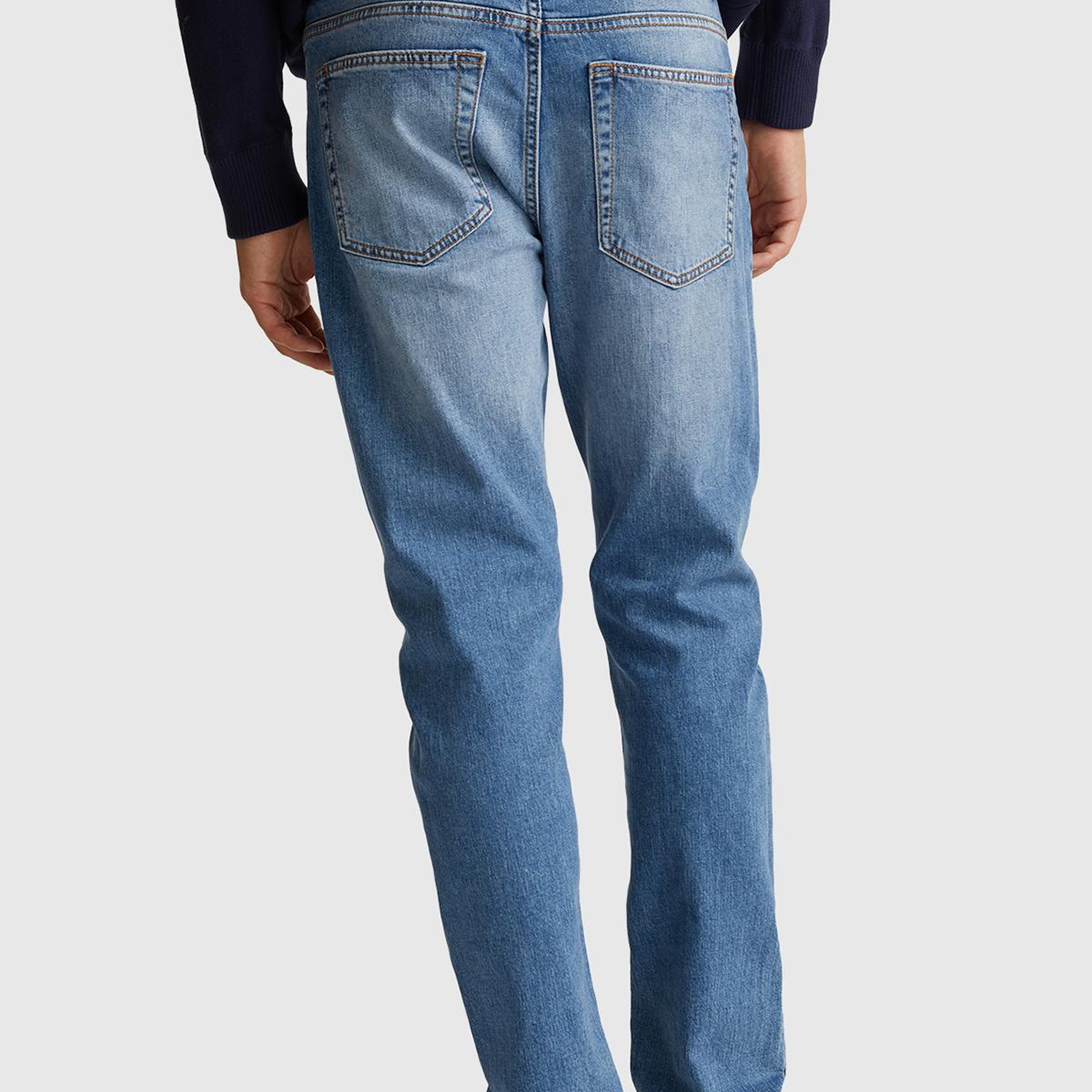 Erkek Açık Mavi Pamuk Karışımlı Arkası Logo Etiketli Cepli Slim Fit Denim Pantolon