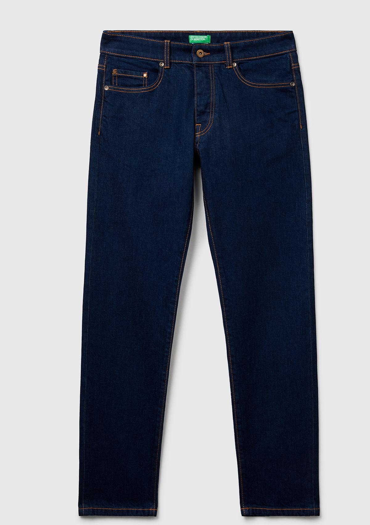 Erkek Lacivert Pamuk Karışımlı Arkası Logo Etiketli Cepli Slim Fit Denim Pantolon