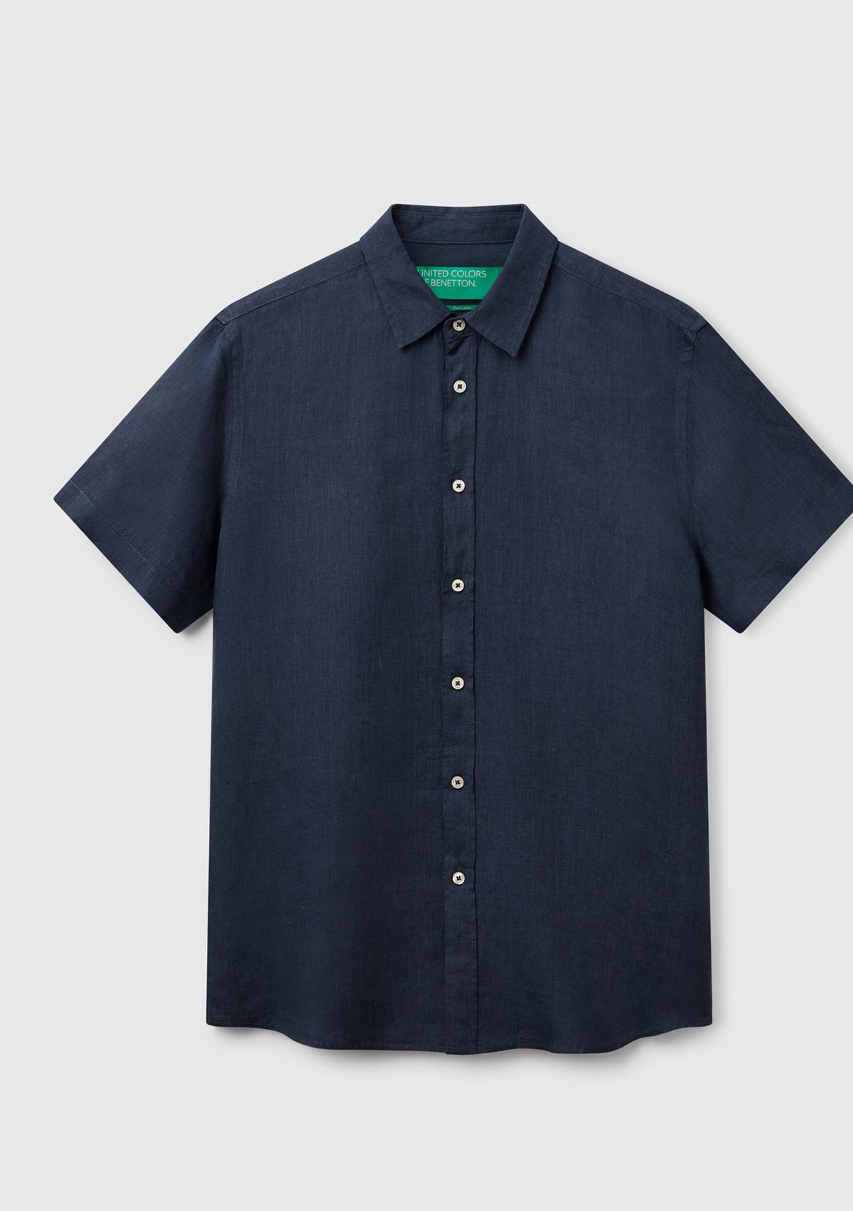 Erkek Lacivert %100 Keten Regular Fit Kısa Kollu Gömlek