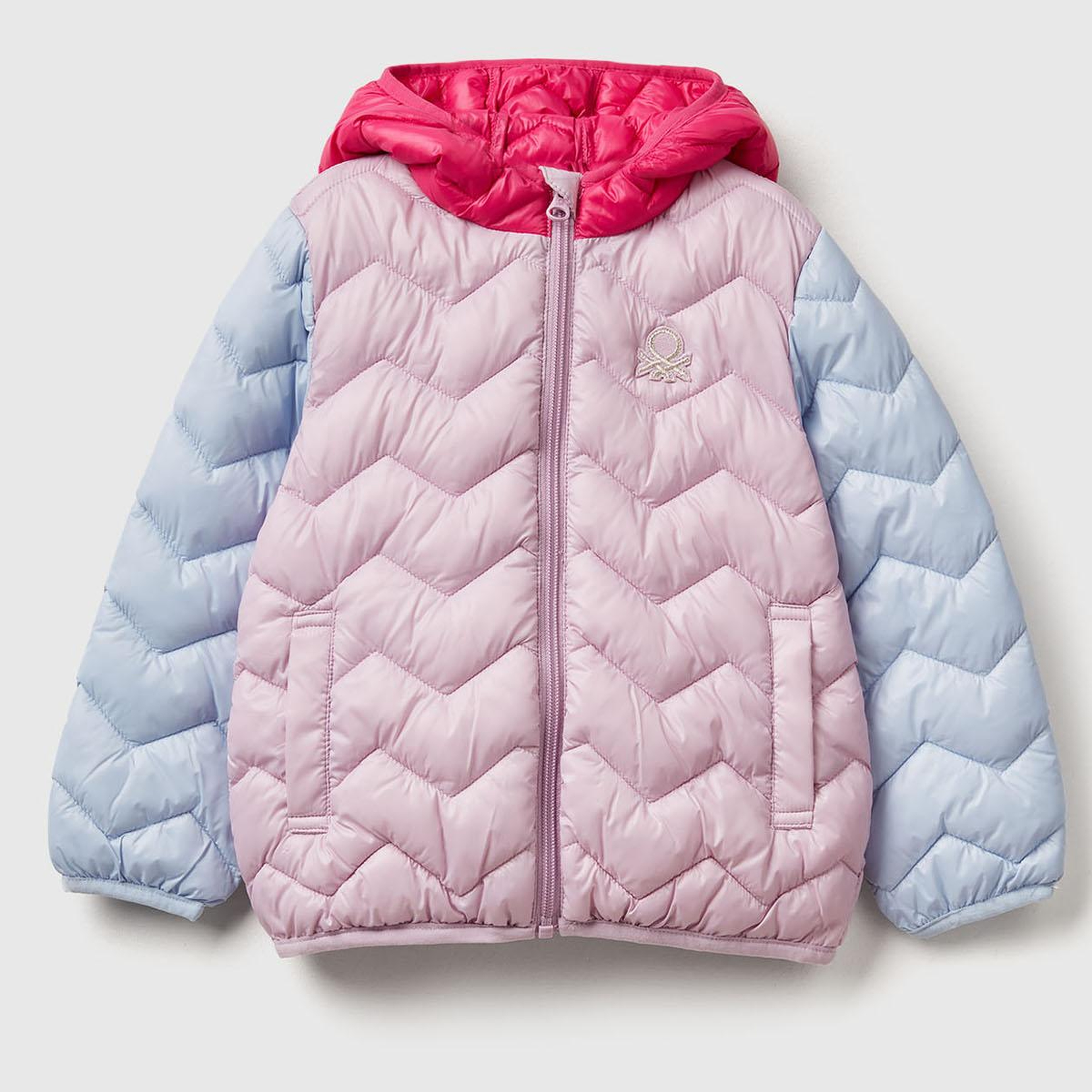 Kız Çocuk Lila-Pembe Simli Logo İşlemeli Kapüşonlu Mevsimlik İnce Mont