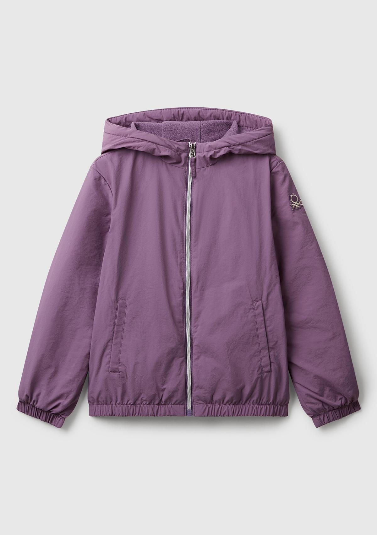 Kız Çocuk Mor Simli Logo Detaylı Cepli Kapüşonlu Yağmurluk