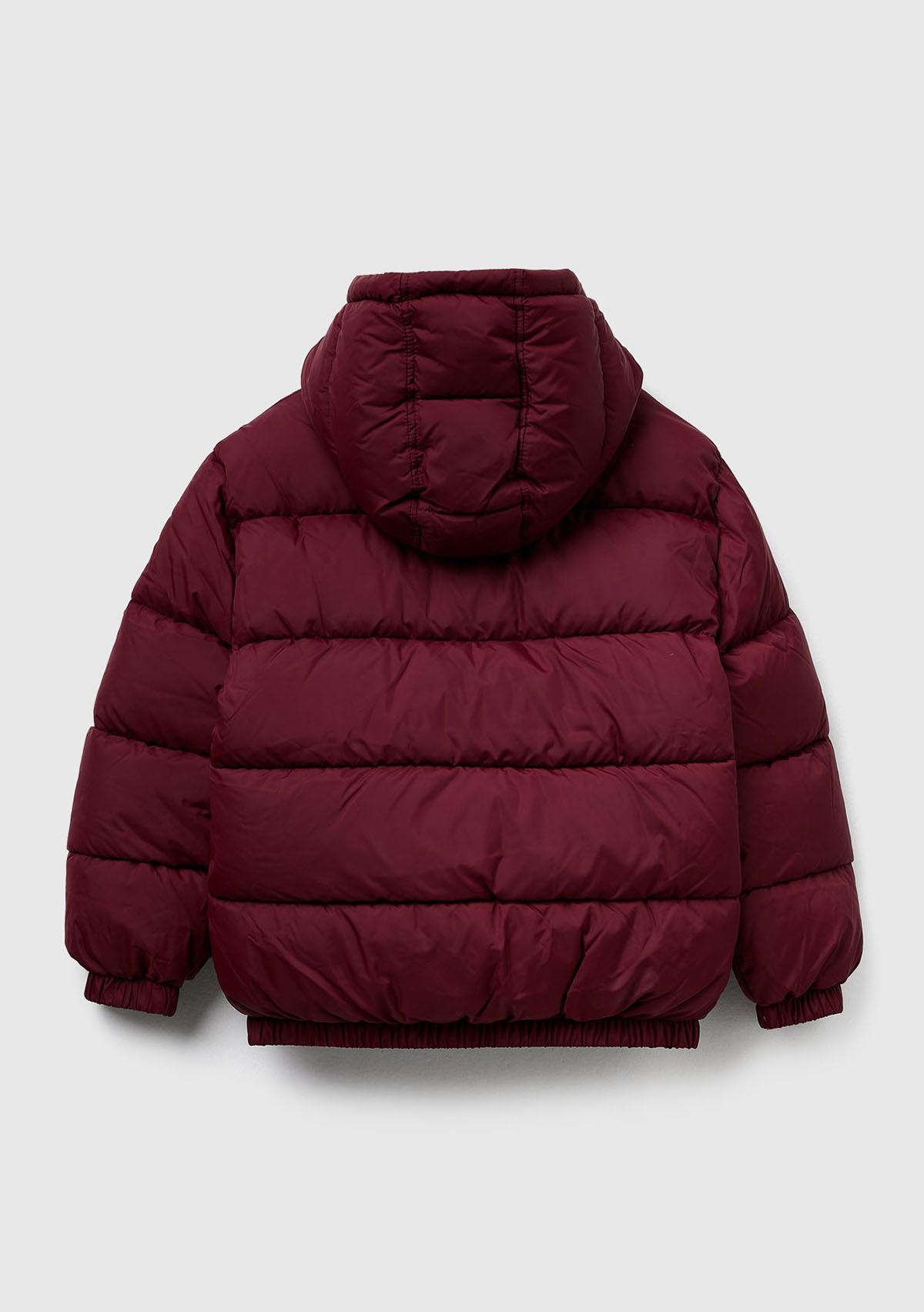 Erkek Çocuk Bordo Logo Detaylı Fermuarlı Kapüşonlu Dolgulu Mont