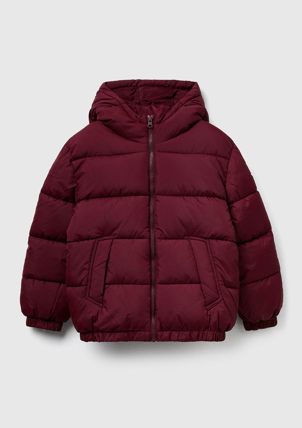 Erkek Çocuk Bordo Logo Detaylı Fermuarlı Kapüşonlu Dolgulu Mont