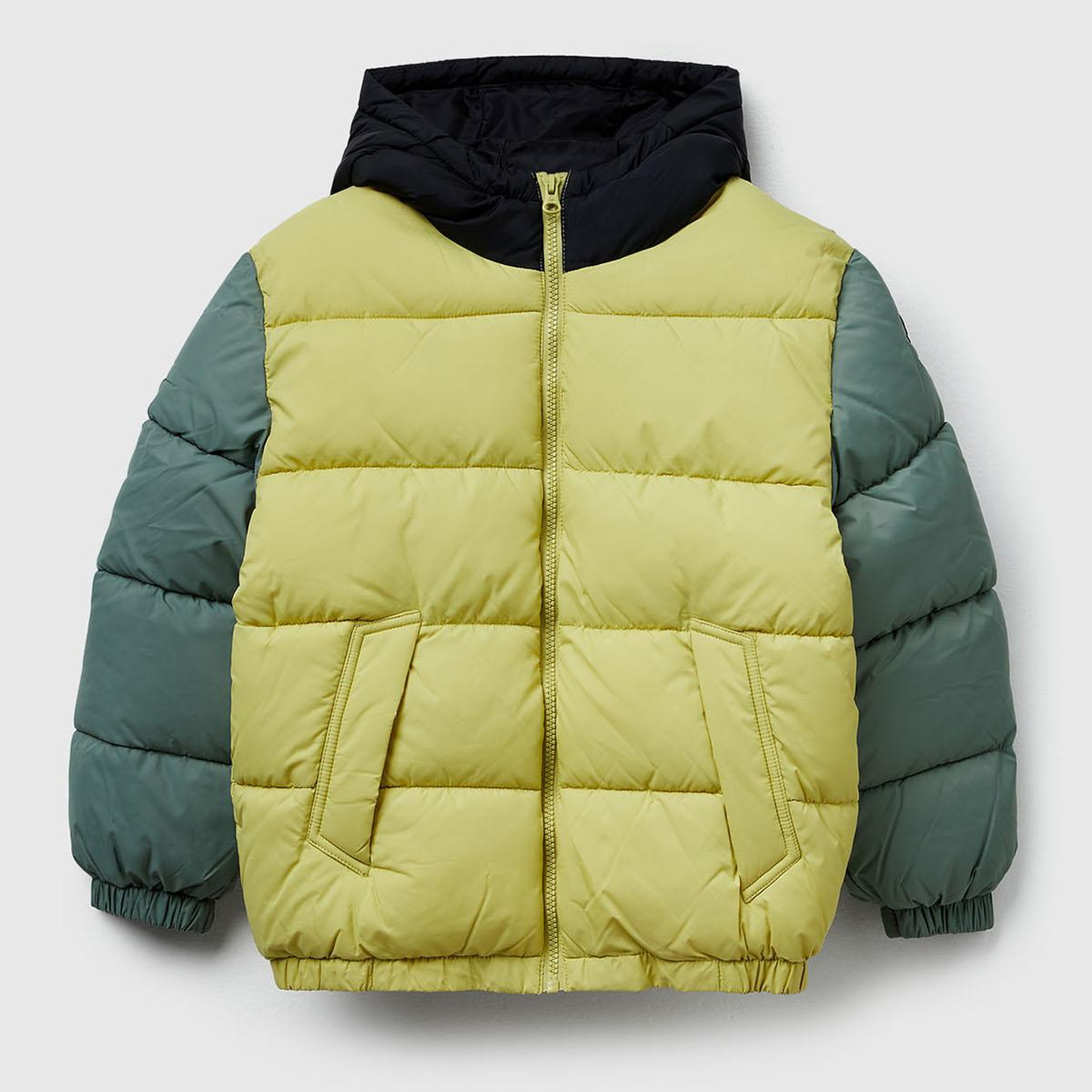 Erkek Çocuk Sarı Logo Detaylı Fermuarlı Kapüşonlu Dolgulu Mont