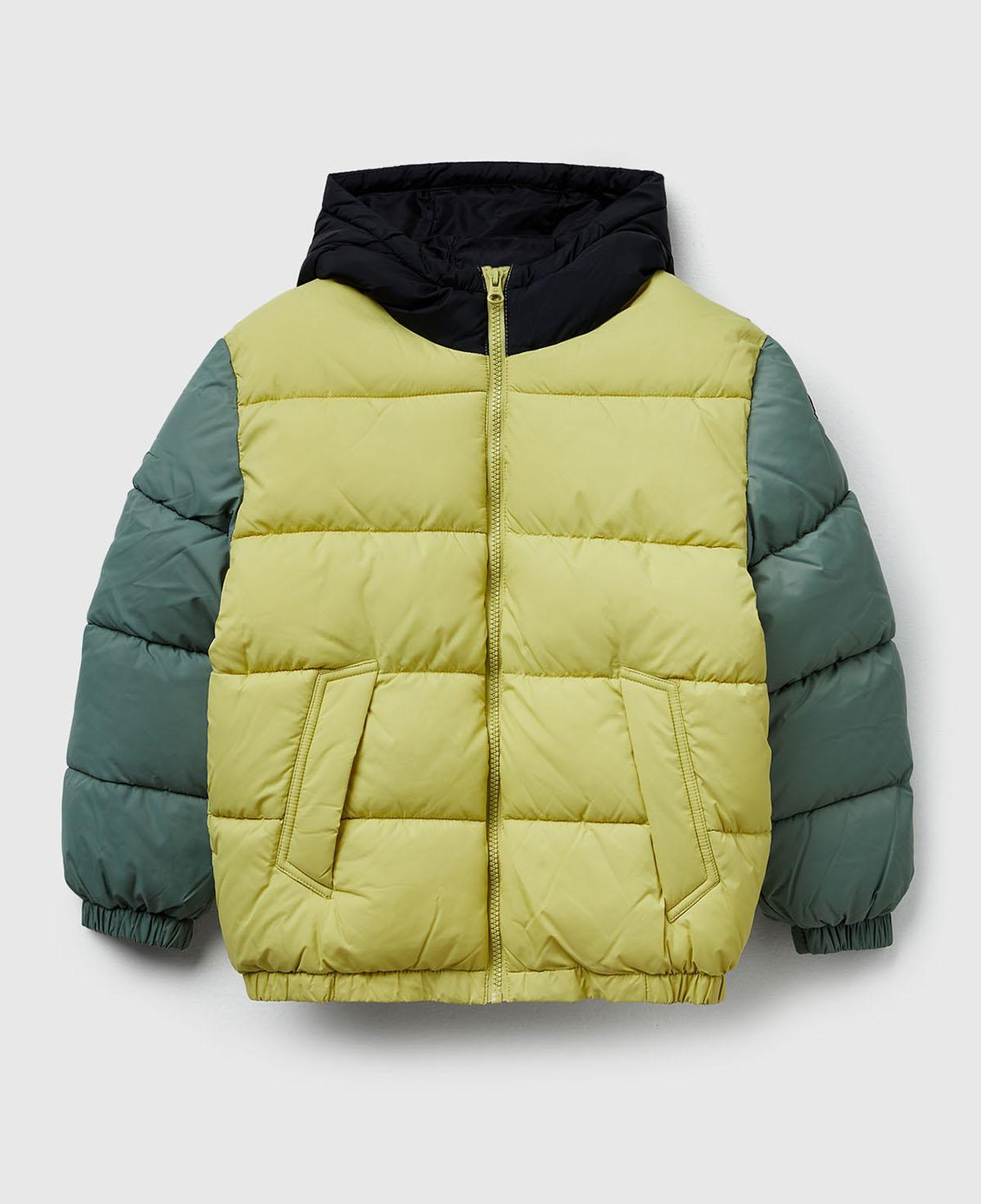 Erkek Çocuk Sarı Logo Detaylı Fermuarlı Kapüşonlu Dolgulu Mont