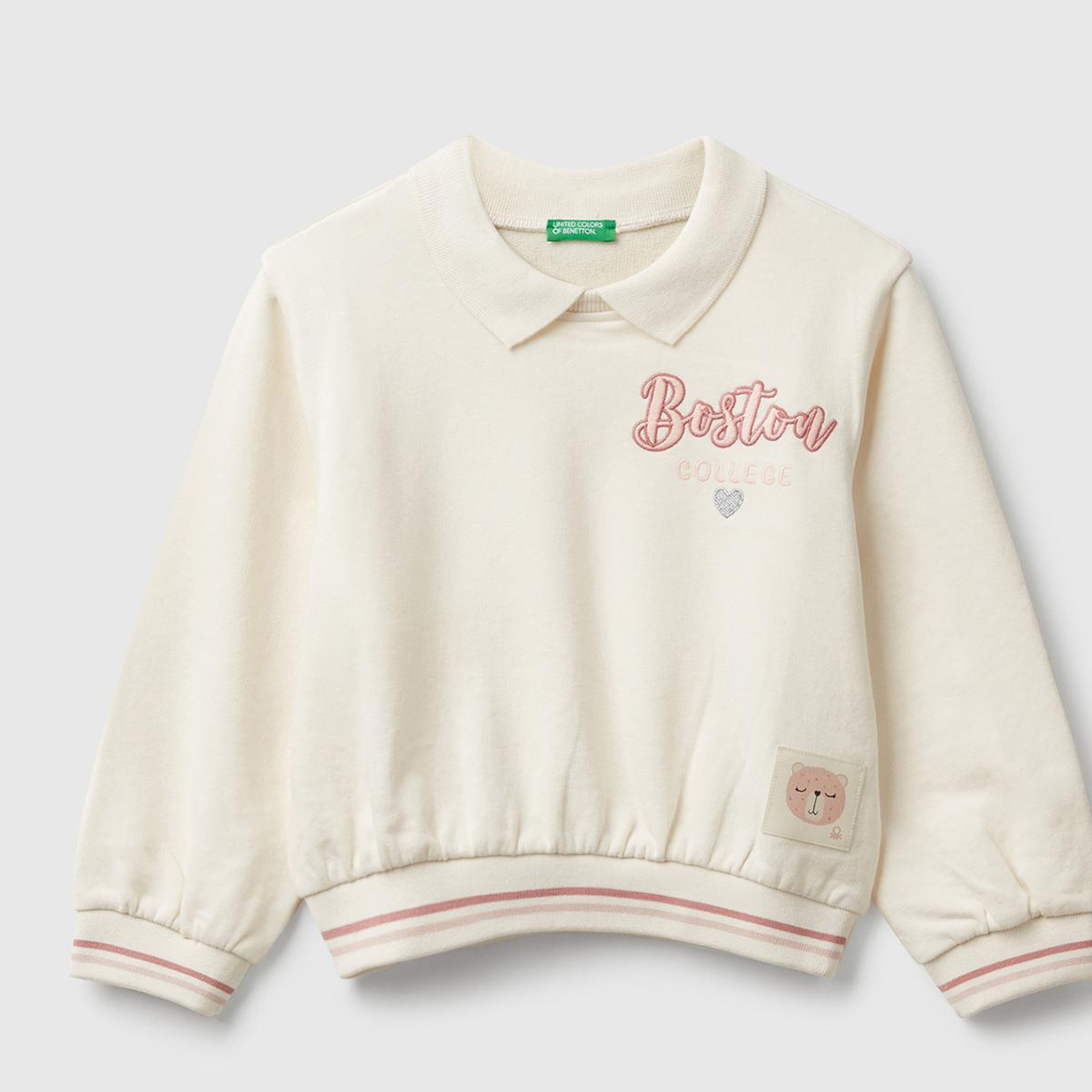 Kız Çocuk Ekru Simli Grafik Nakışlı Çizgi Detaylı Klasik Yaka Sweatshirt