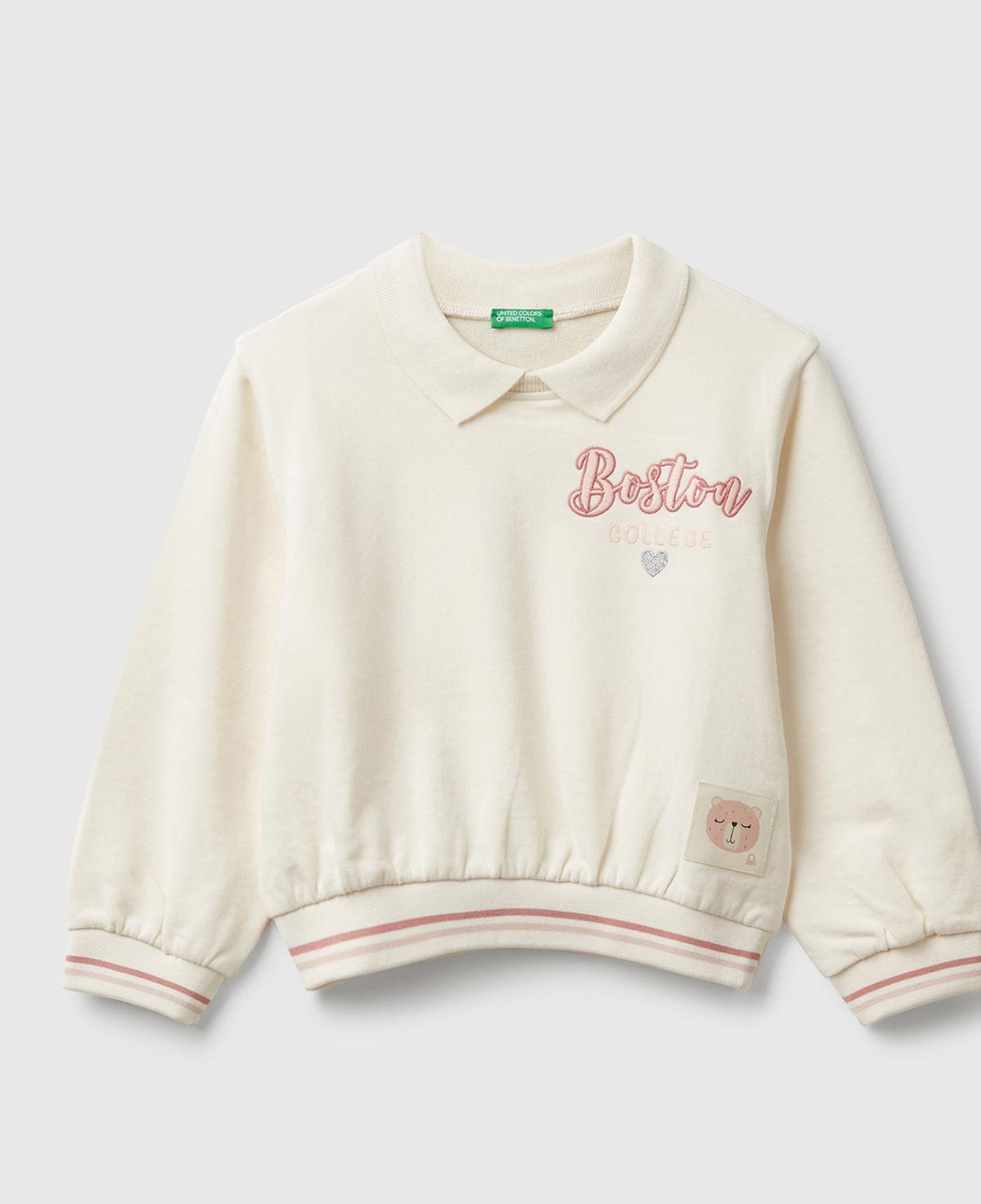 Kız Çocuk Ekru Simli Grafik Nakışlı Çizgi Detaylı Klasik Yaka Sweatshirt