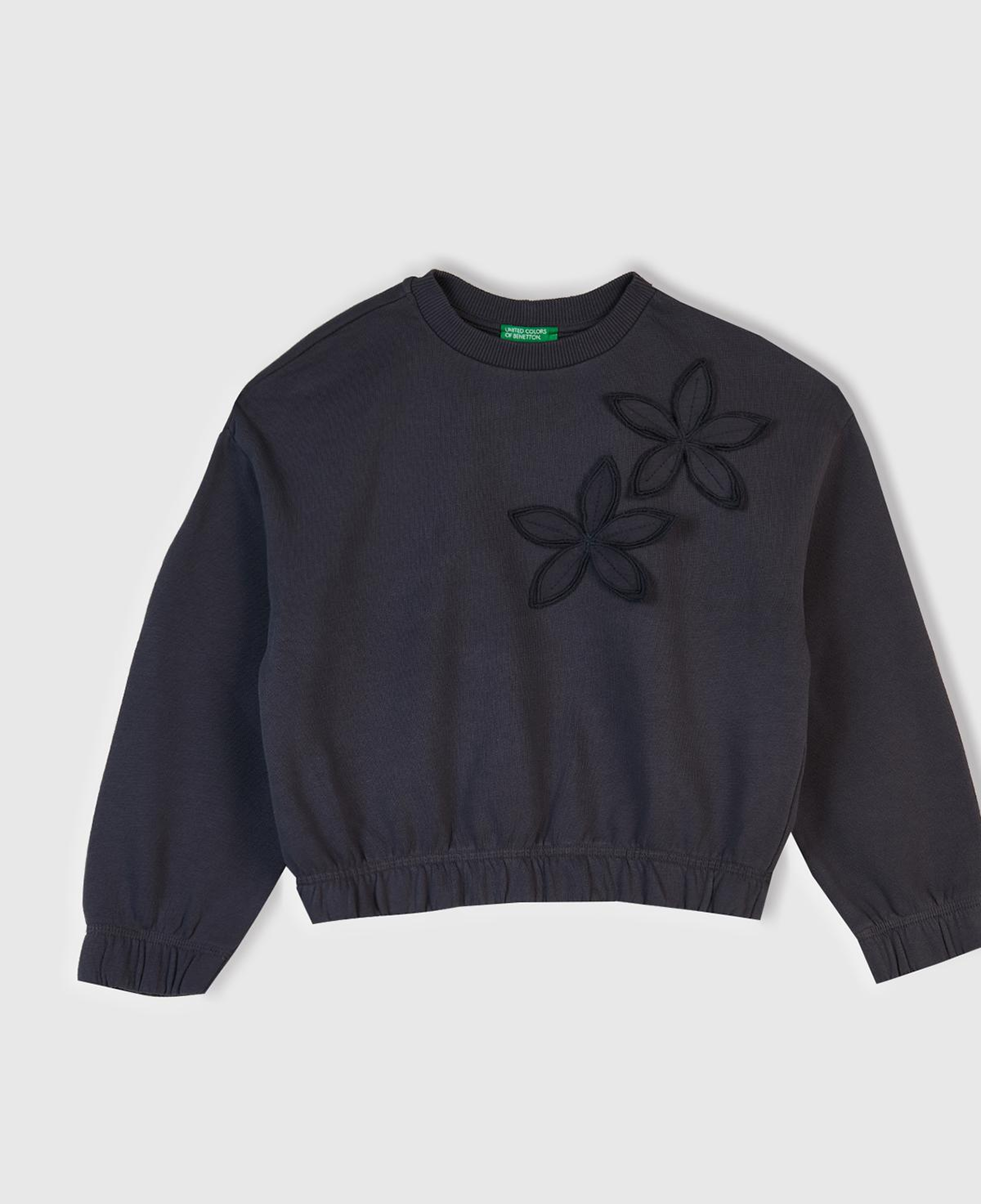 Kız Çocuk Koyu Gri İşlemeli Aplikeli Logo Detaylı Ribana Relaxed Fit Sweatshirt