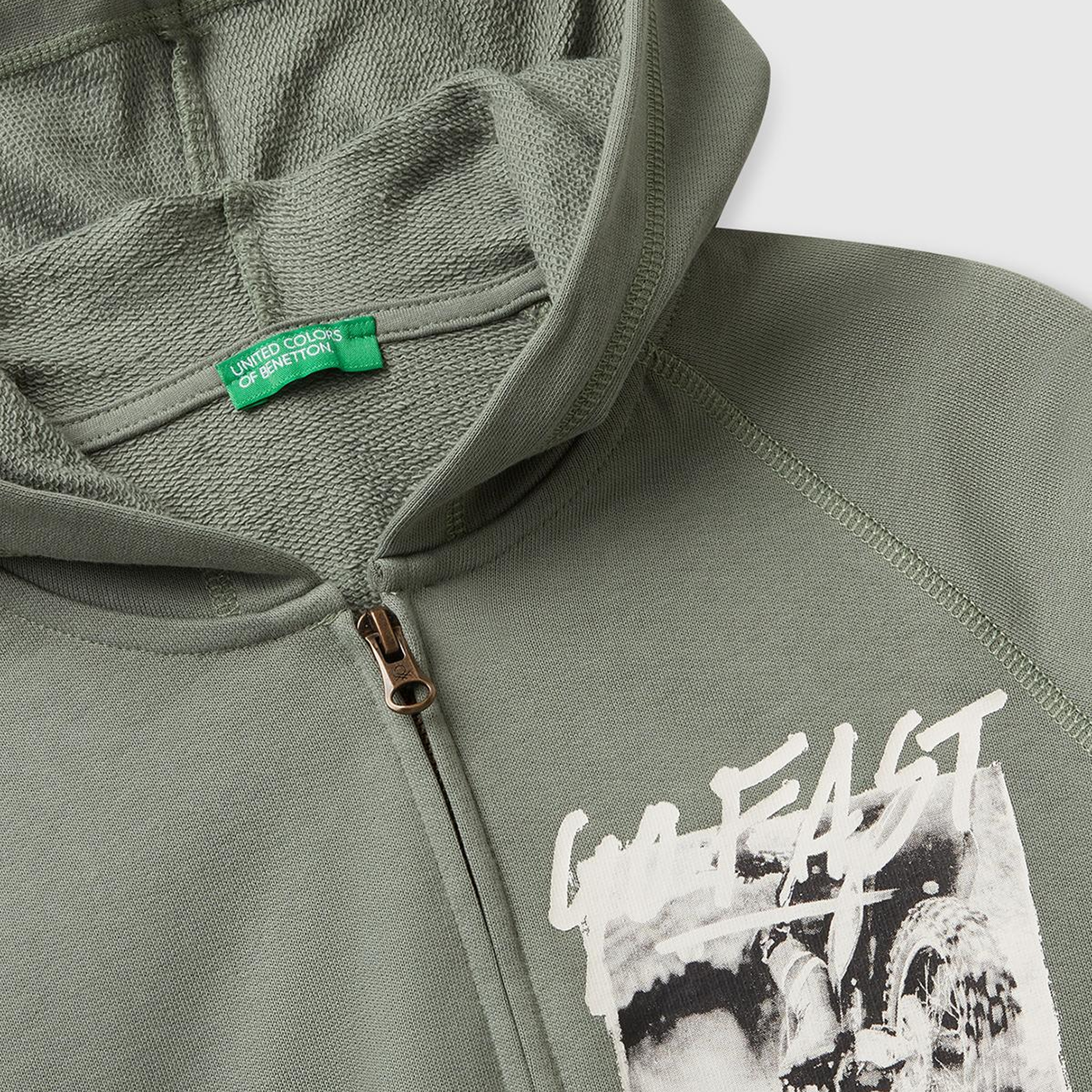 Erkek Çocuk Haki Önü ve Arkası Baskılı Fermuarlı Yan Cepli Sweatshirt