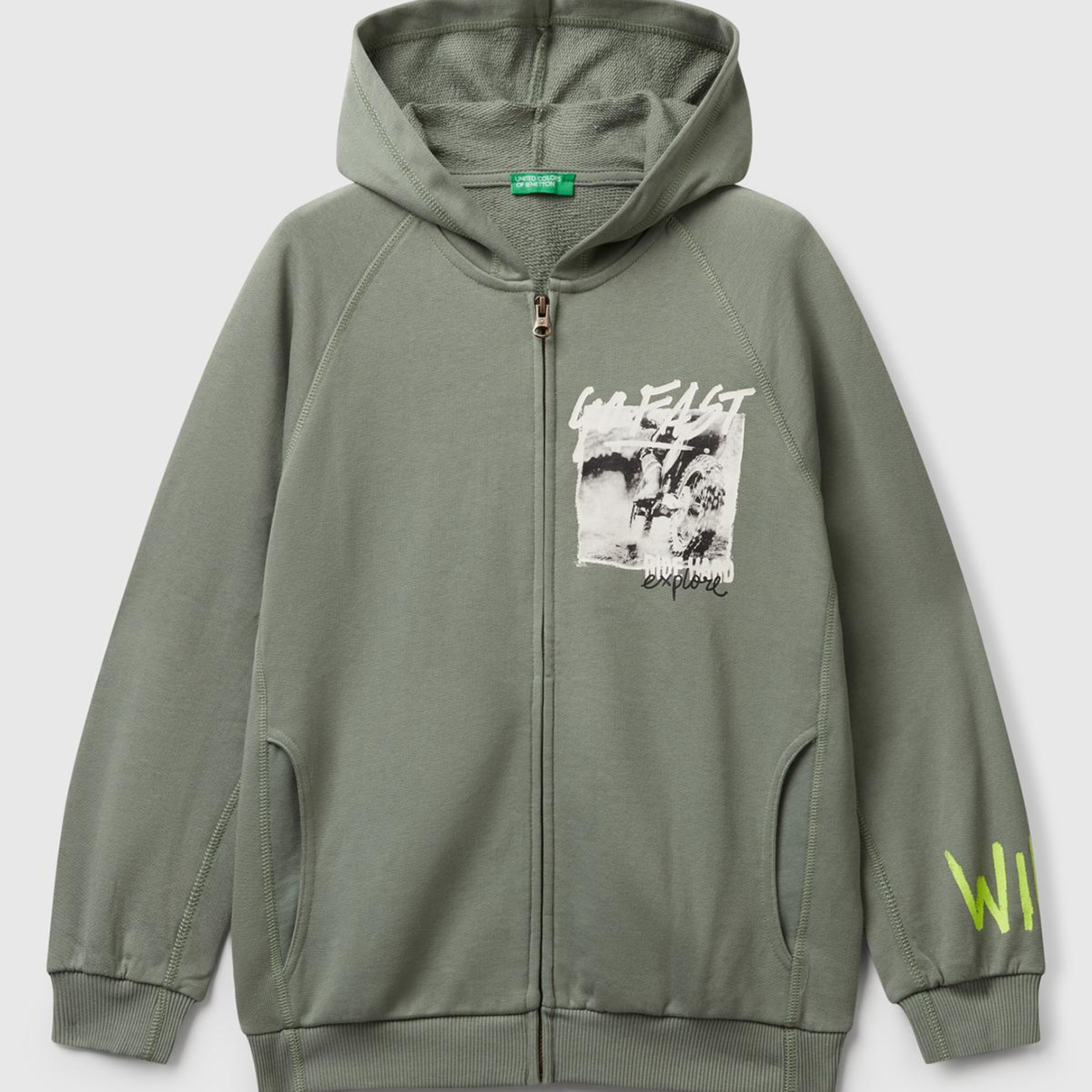 Erkek Çocuk Haki Önü ve Arkası Baskılı Fermuarlı Yan Cepli Sweatshirt