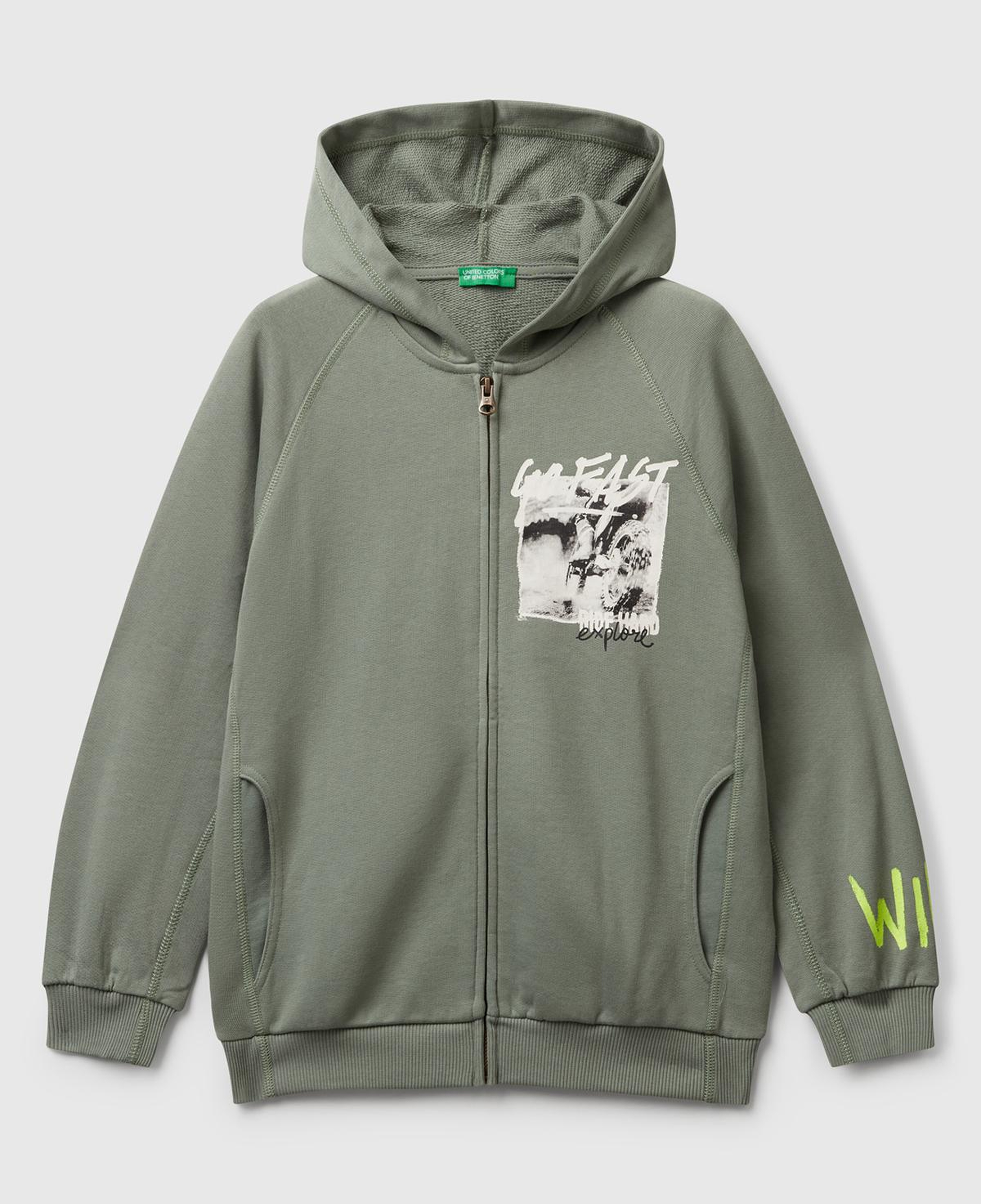 Erkek Çocuk Haki Önü ve Arkası Baskılı Fermuarlı Yan Cepli Sweatshirt