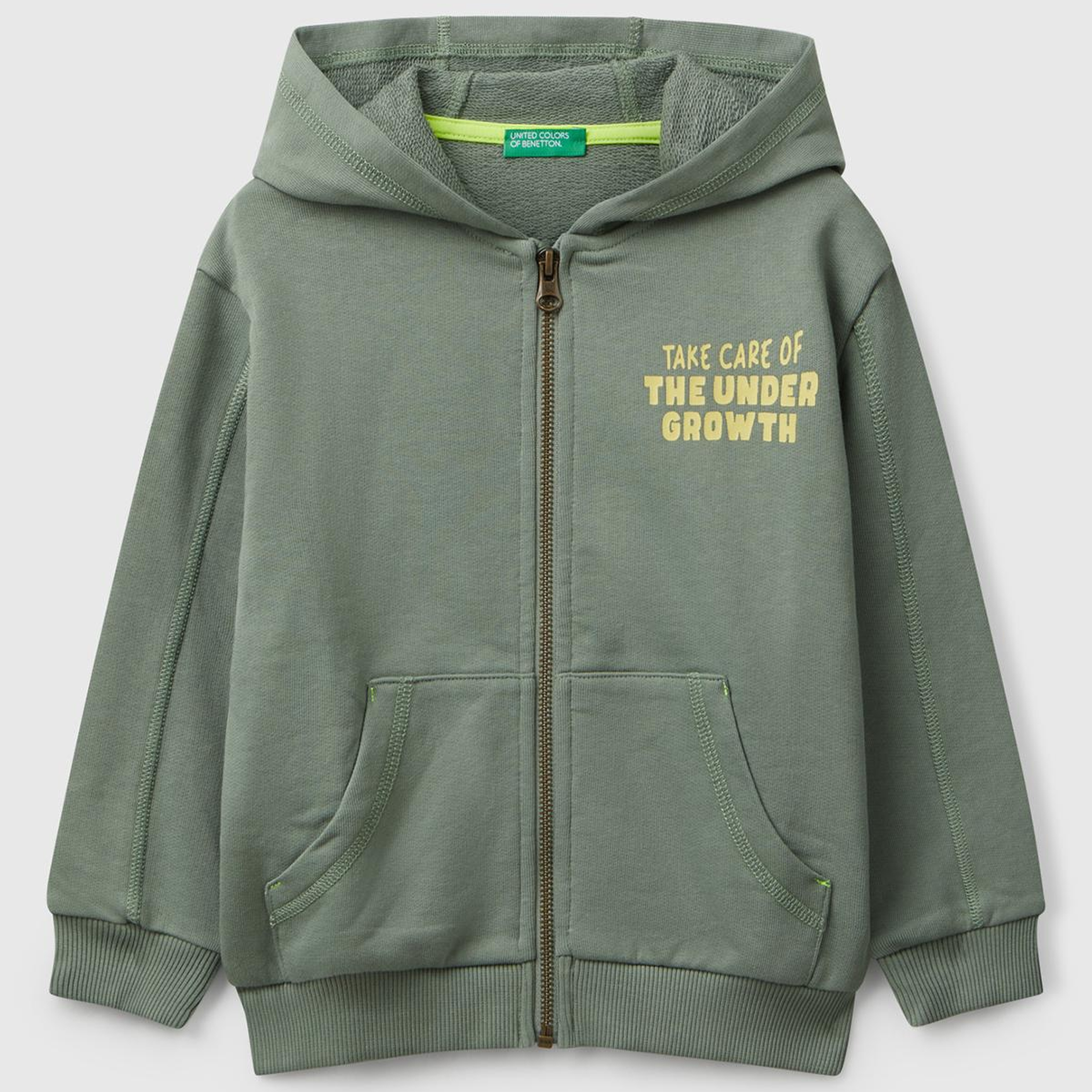 Erkek Çocuk Haki Baskılı Fermuarlı Kapüşonlu Relaxed Fit Sweatshirt