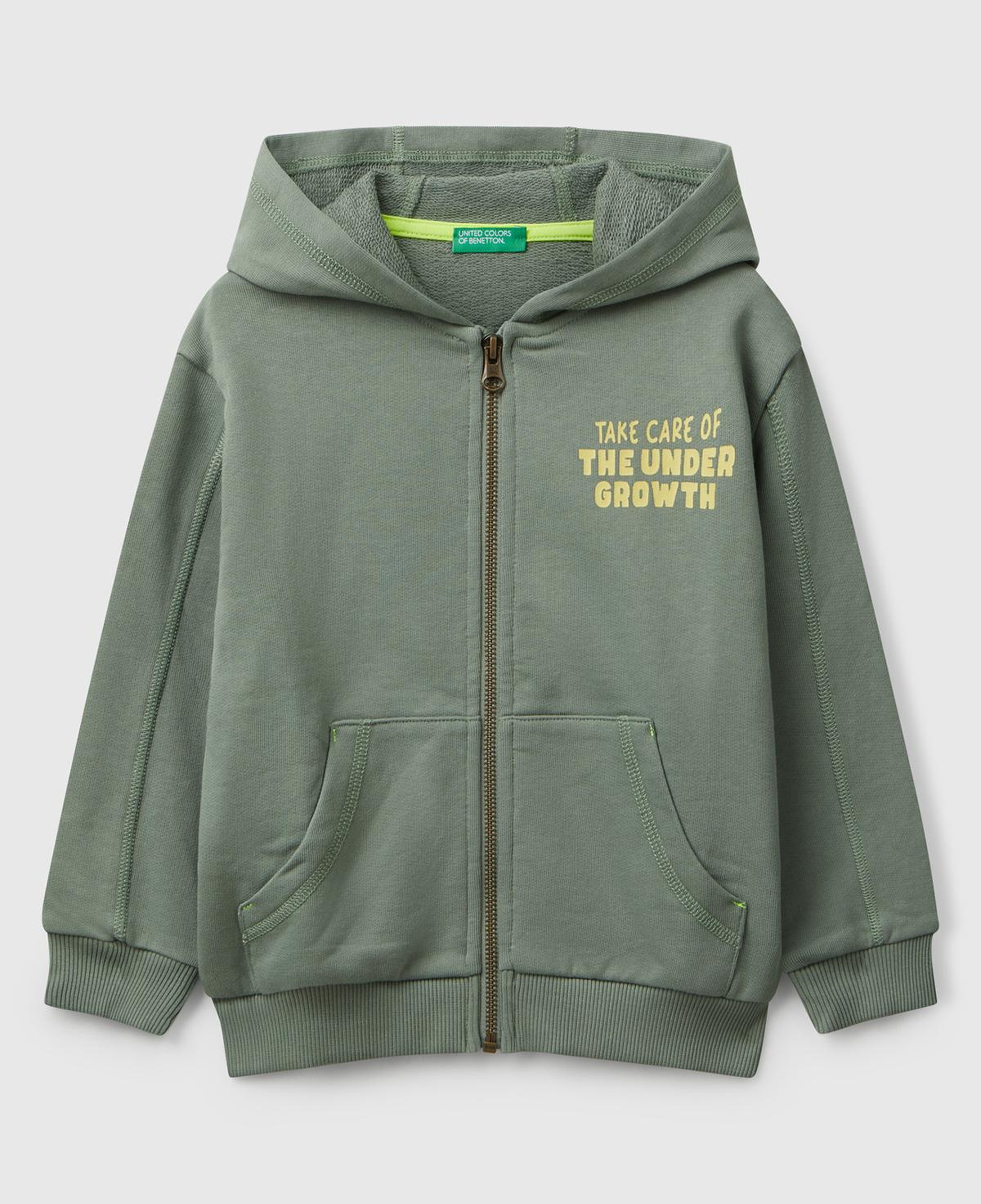 Erkek Çocuk Haki Baskılı Fermuarlı Kapüşonlu Relaxed Fit Sweatshirt