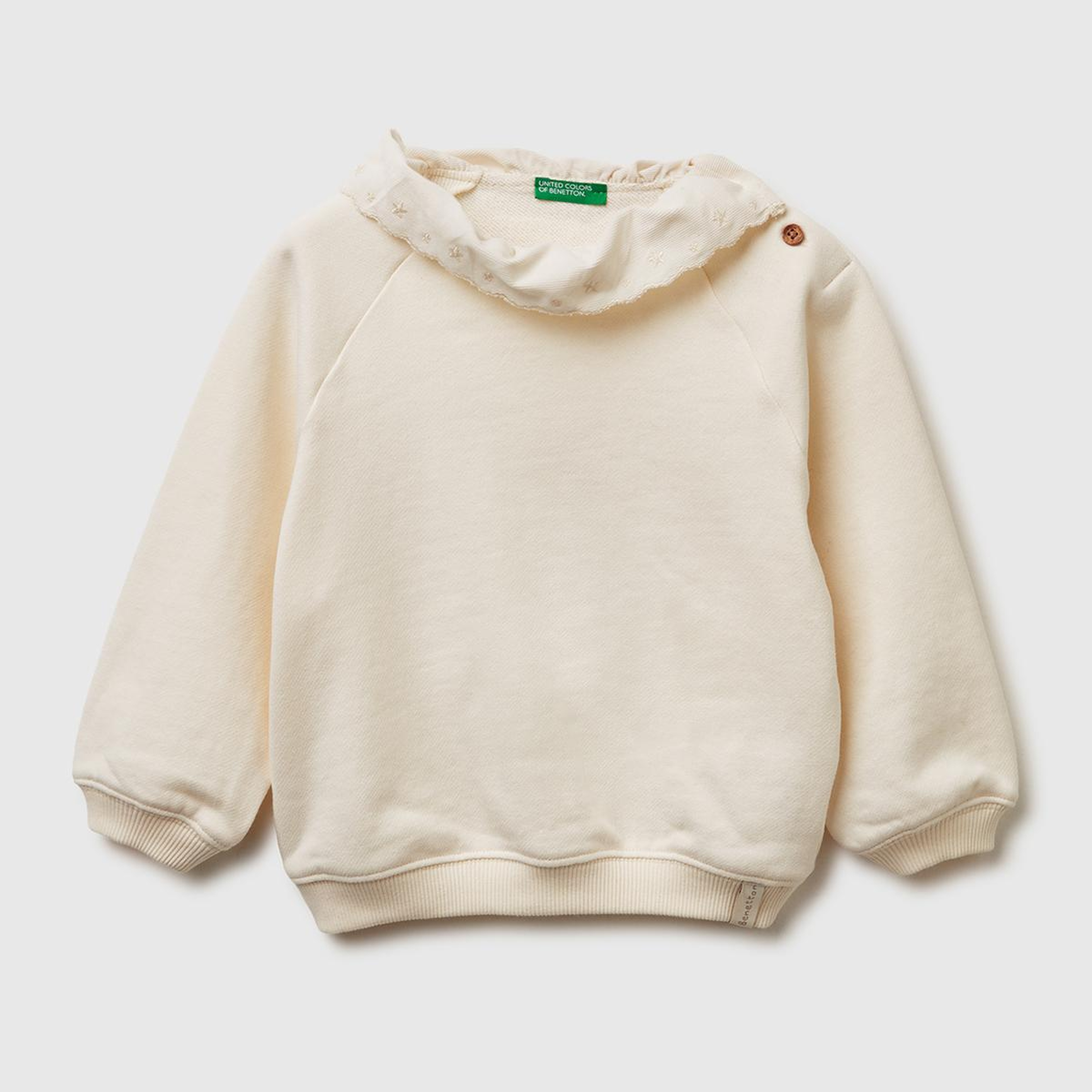 Kız Çocuk Ekru Logo Etiketli İşlemeli Yakalı Reglan Kol Ribanalı Şardonlu Sweatshirt