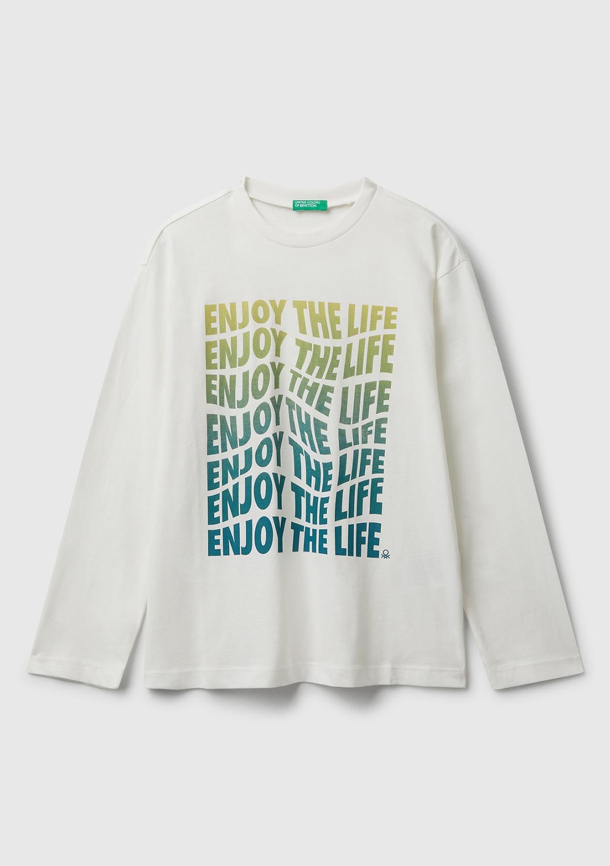 Erkek Çocuk Ekru Önü Baskılı Bisiklet Yaka Uzun Kollu T-shirt