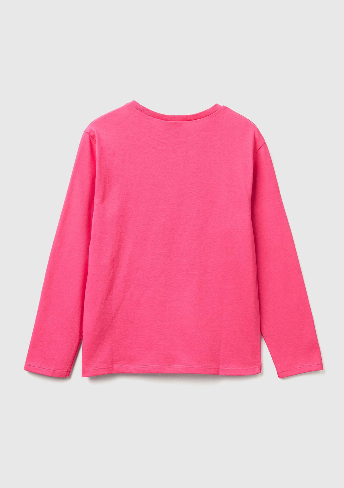 Kız Çocuk Pembe Önü Baskılı Logo Etiketi Detaylı Uzun Kollu T-shirt