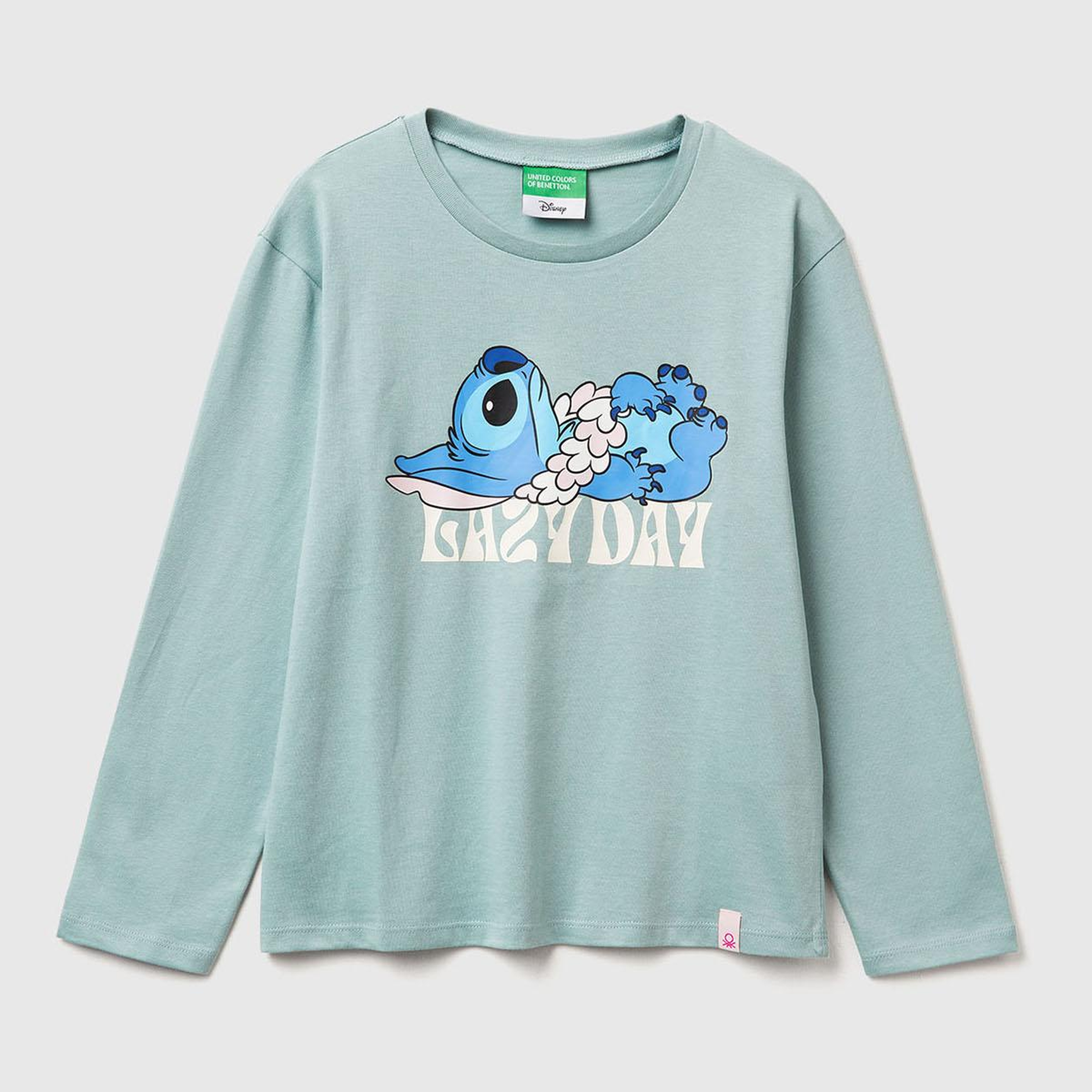 Kız Çocuk Gri-Yeşil Önü Baskılı Logo Etiketi Detaylı Uzun Kollu T-shirt