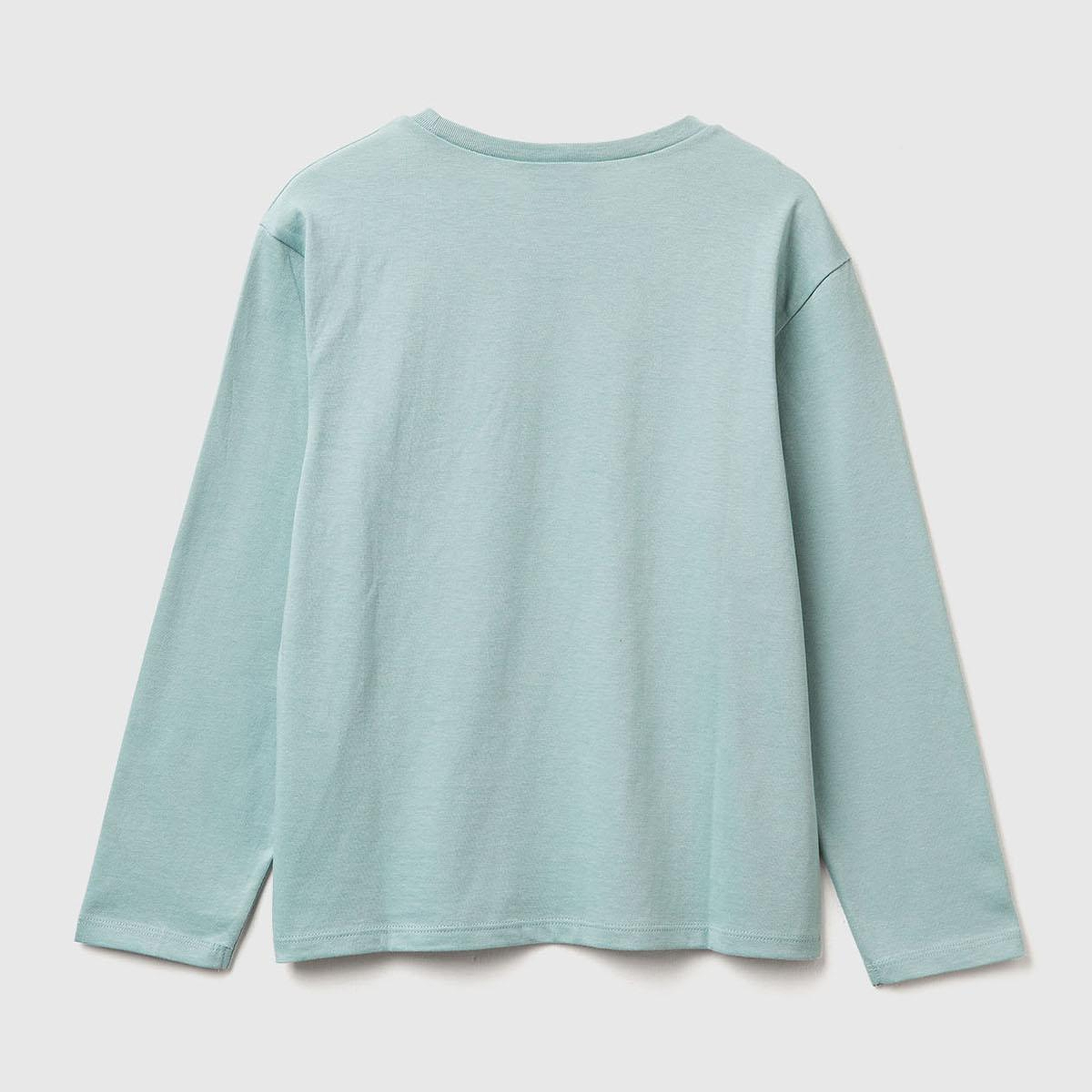 Kız Çocuk Gri-Yeşil Önü Baskılı Logo Etiketi Detaylı Uzun Kollu T-shirt