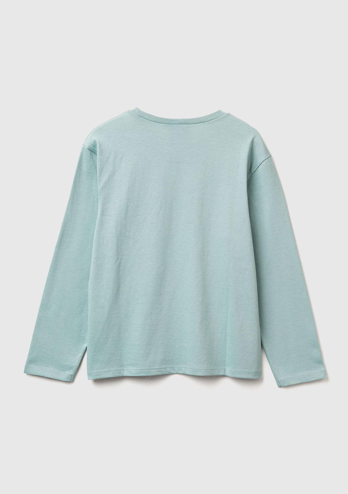 Kız Çocuk Gri-Yeşil Önü Baskılı Logo Etiketi Detaylı Uzun Kollu T-shirt