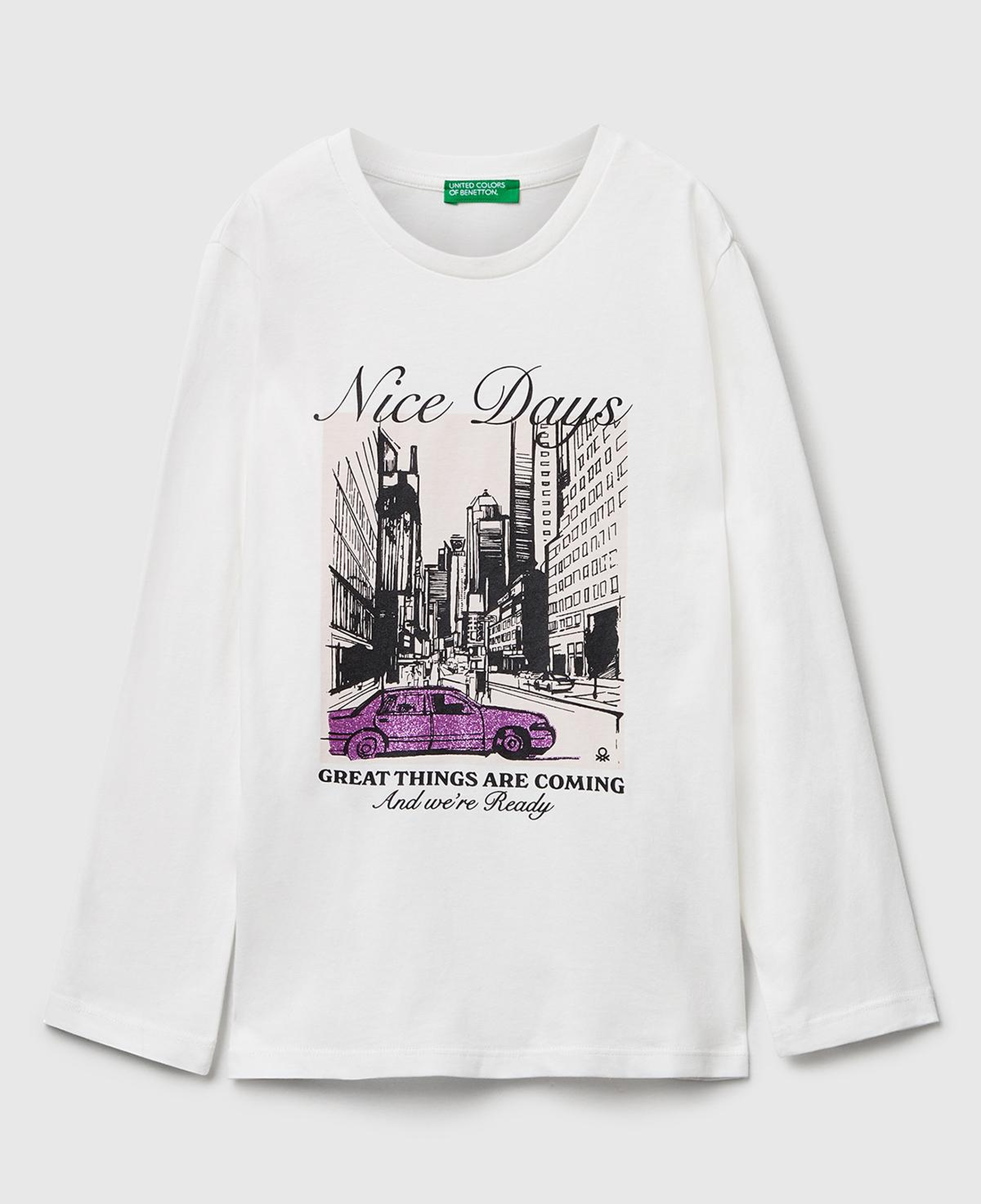Kız Çocuk Ekru Önü Simli Baskılı Ribana Yakalı Uzun Kollu T-shirt
