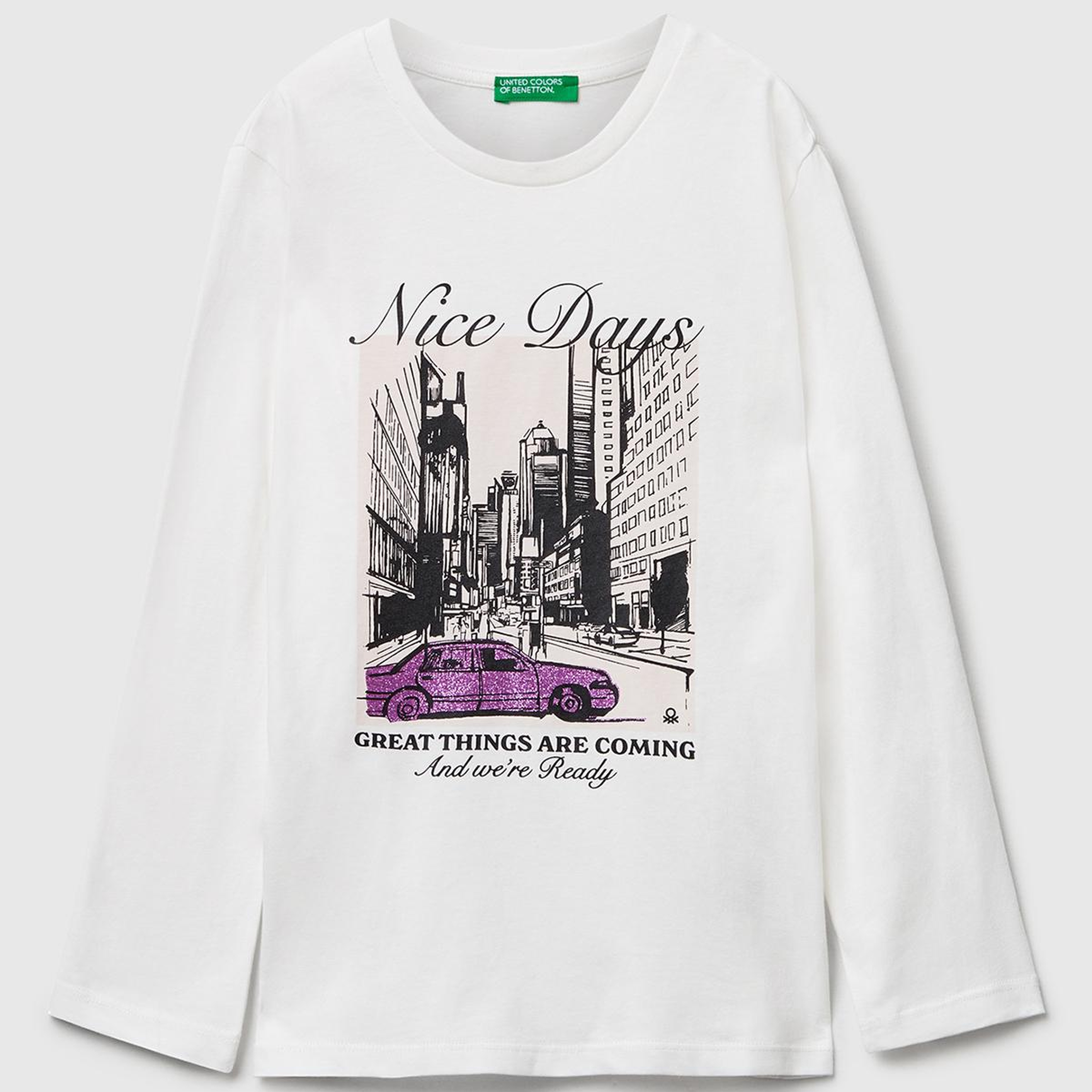 Kız Çocuk Ekru Önü Simli Baskılı Ribana Yakalı Uzun Kollu T-shirt