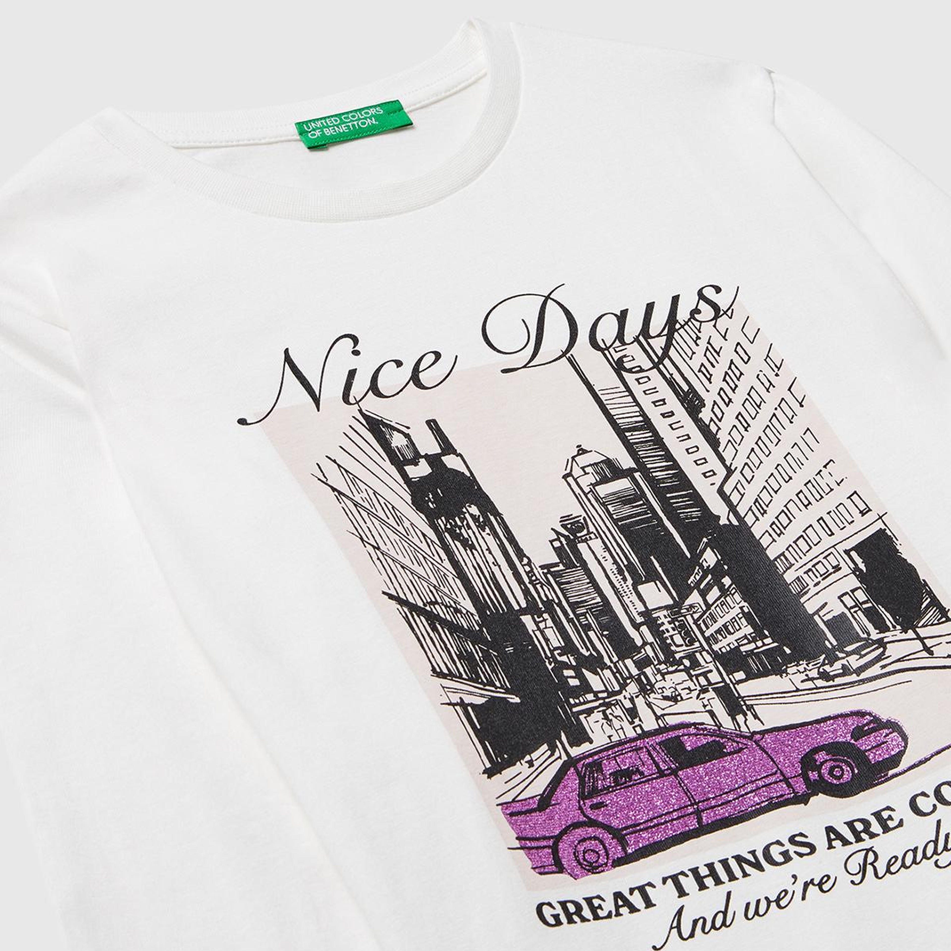Kız Çocuk Ekru Önü Simli Baskılı Ribana Yakalı Uzun Kollu T-shirt
