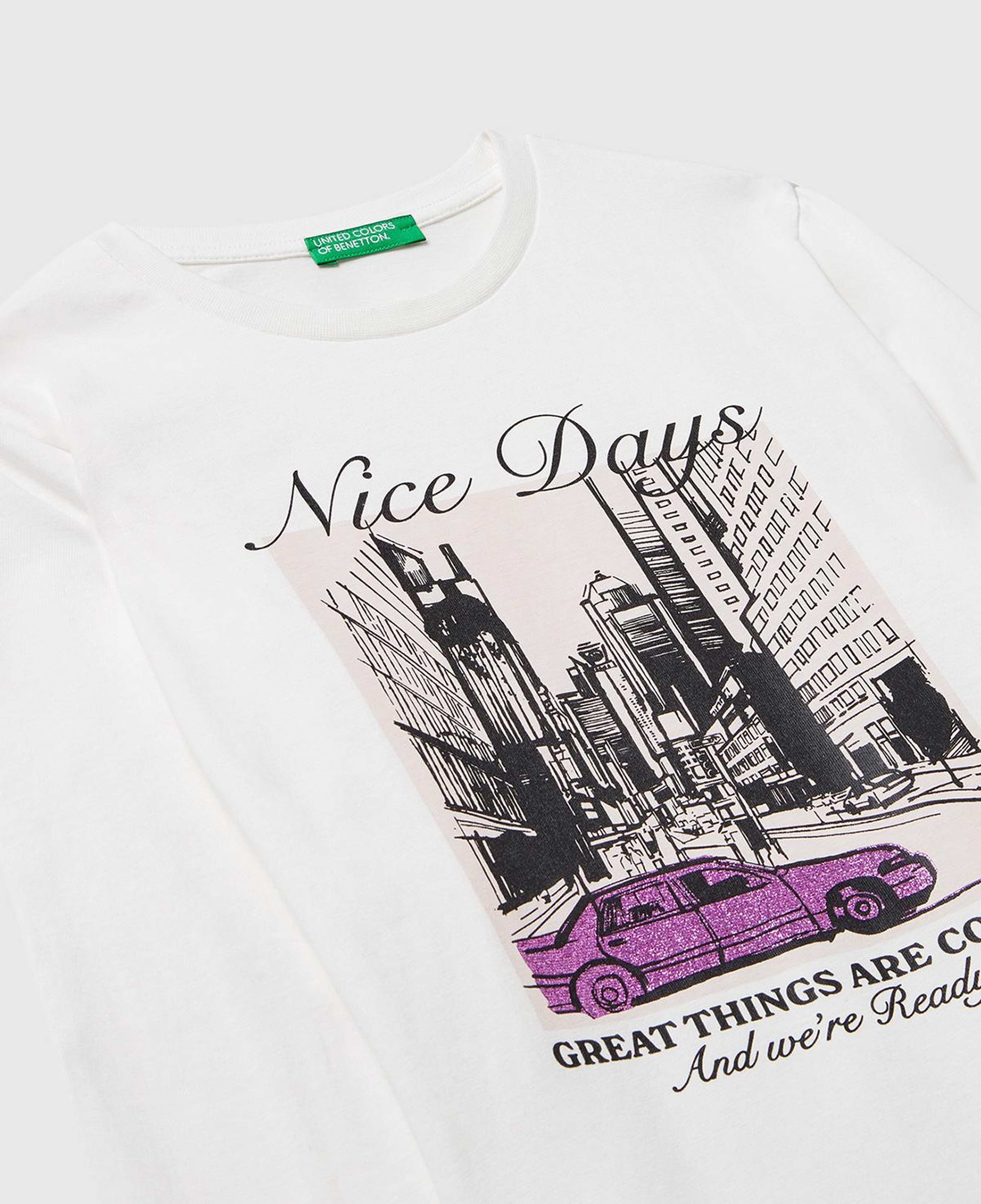Kız Çocuk Ekru Önü Simli Baskılı Ribana Yakalı Uzun Kollu T-shirt