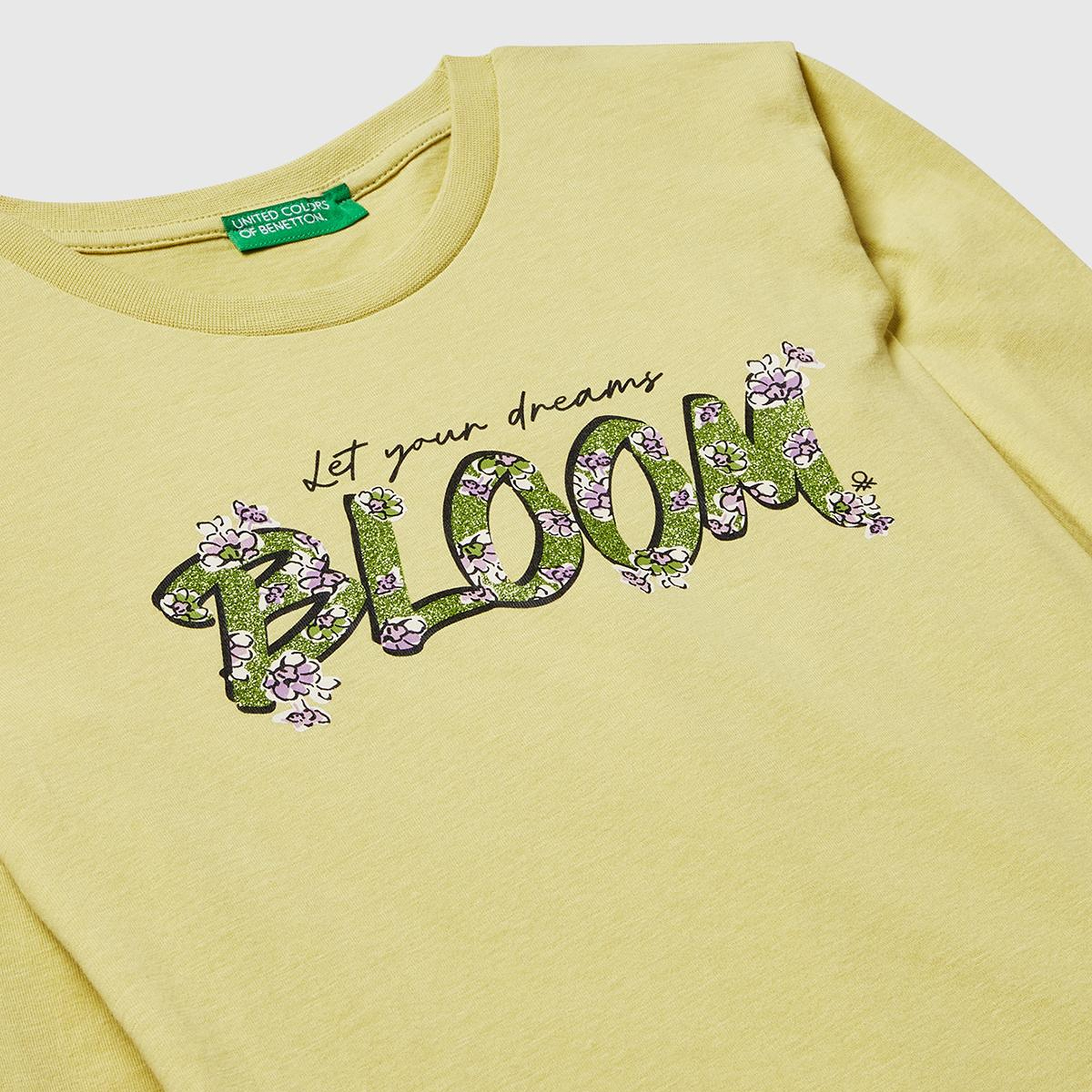 Kız Çocuk Hardal Önü Simli Baskılı Ribana Yakalı Uzun Kollu T-shirt