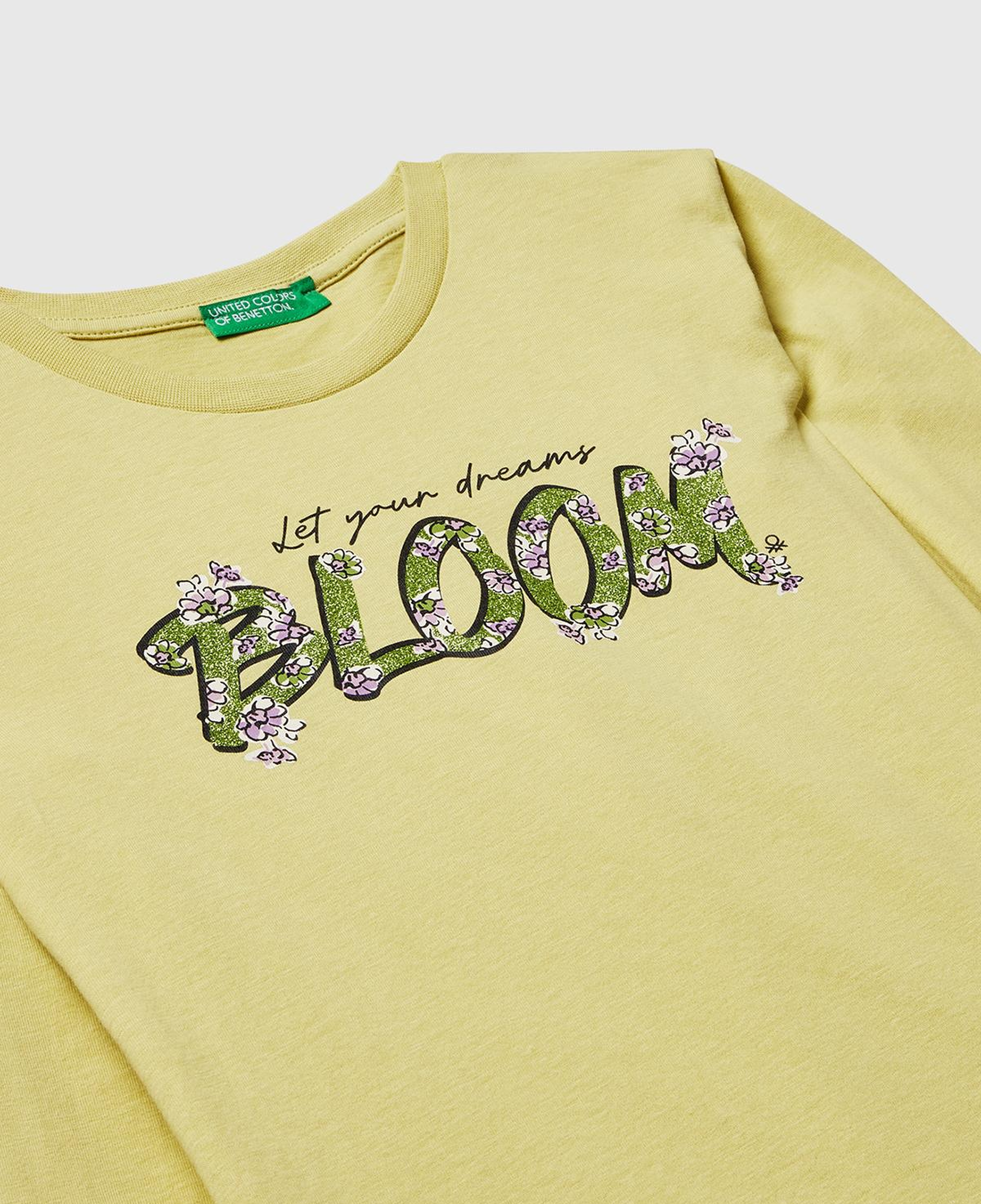 Kız Çocuk Hardal Önü Simli Baskılı Ribana Yakalı Uzun Kollu T-shirt