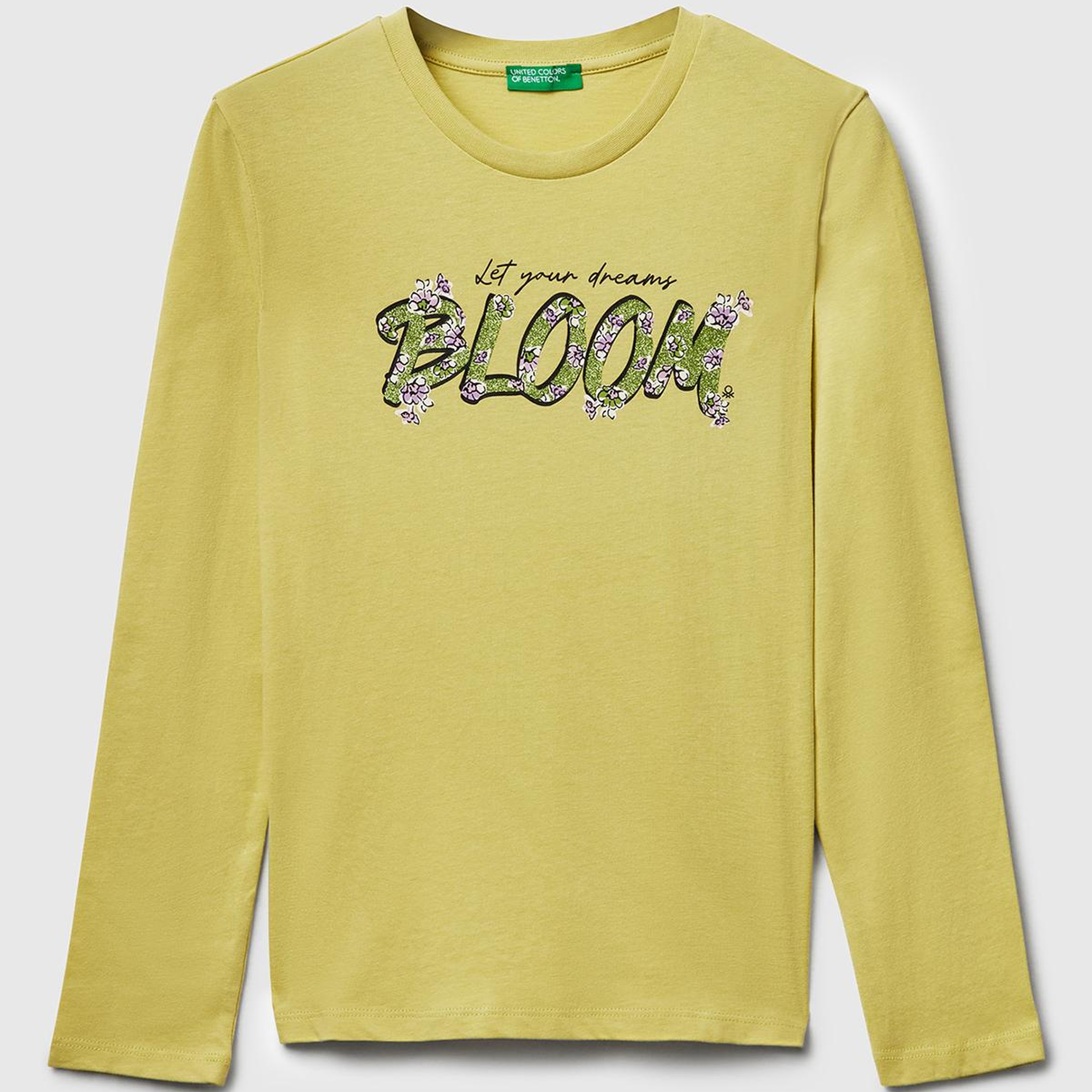 Kız Çocuk Hardal Önü Simli Baskılı Ribana Yakalı Uzun Kollu T-shirt