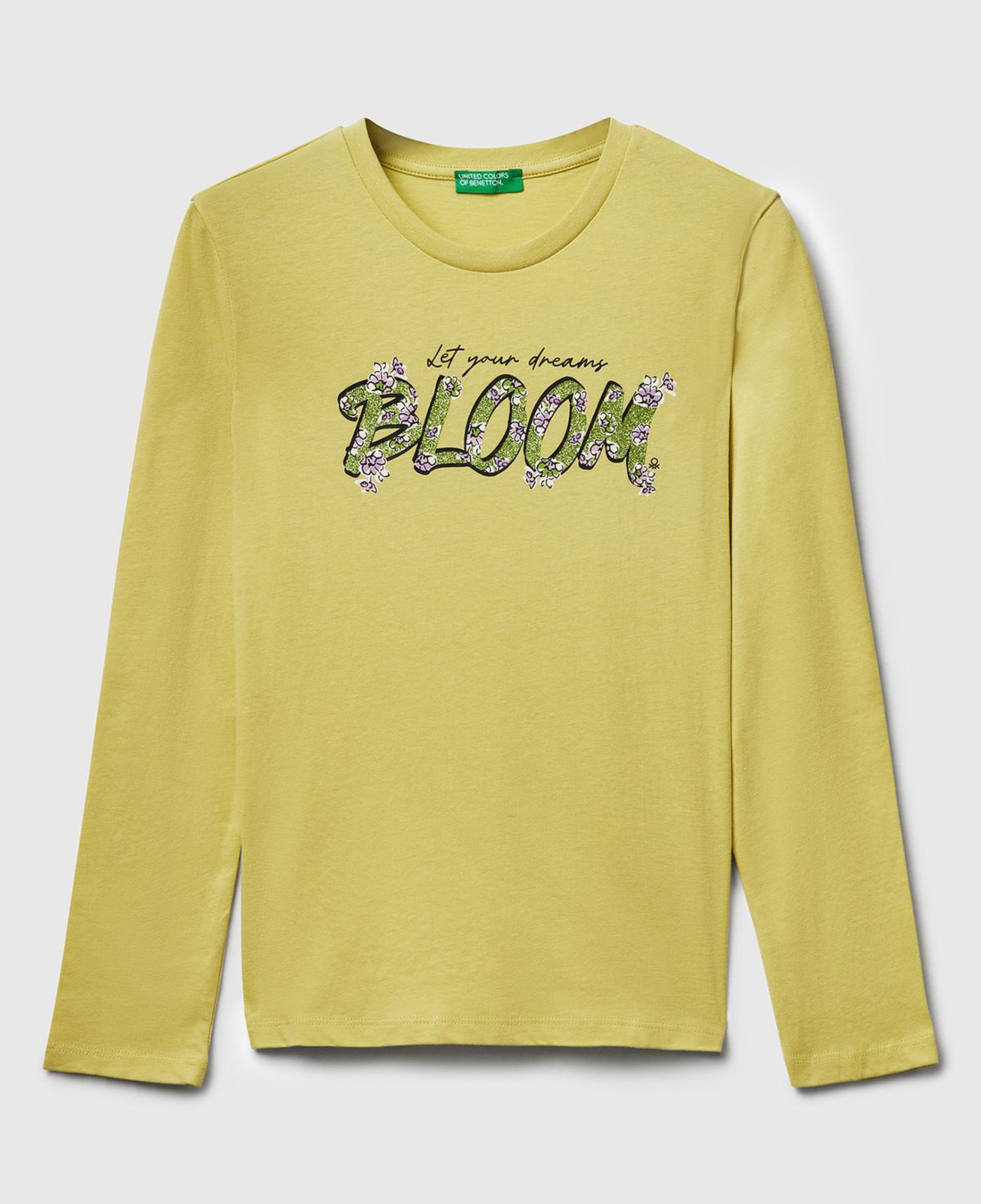 Kız Çocuk Hardal Önü Simli Baskılı Ribana Yakalı Uzun Kollu T-shirt
