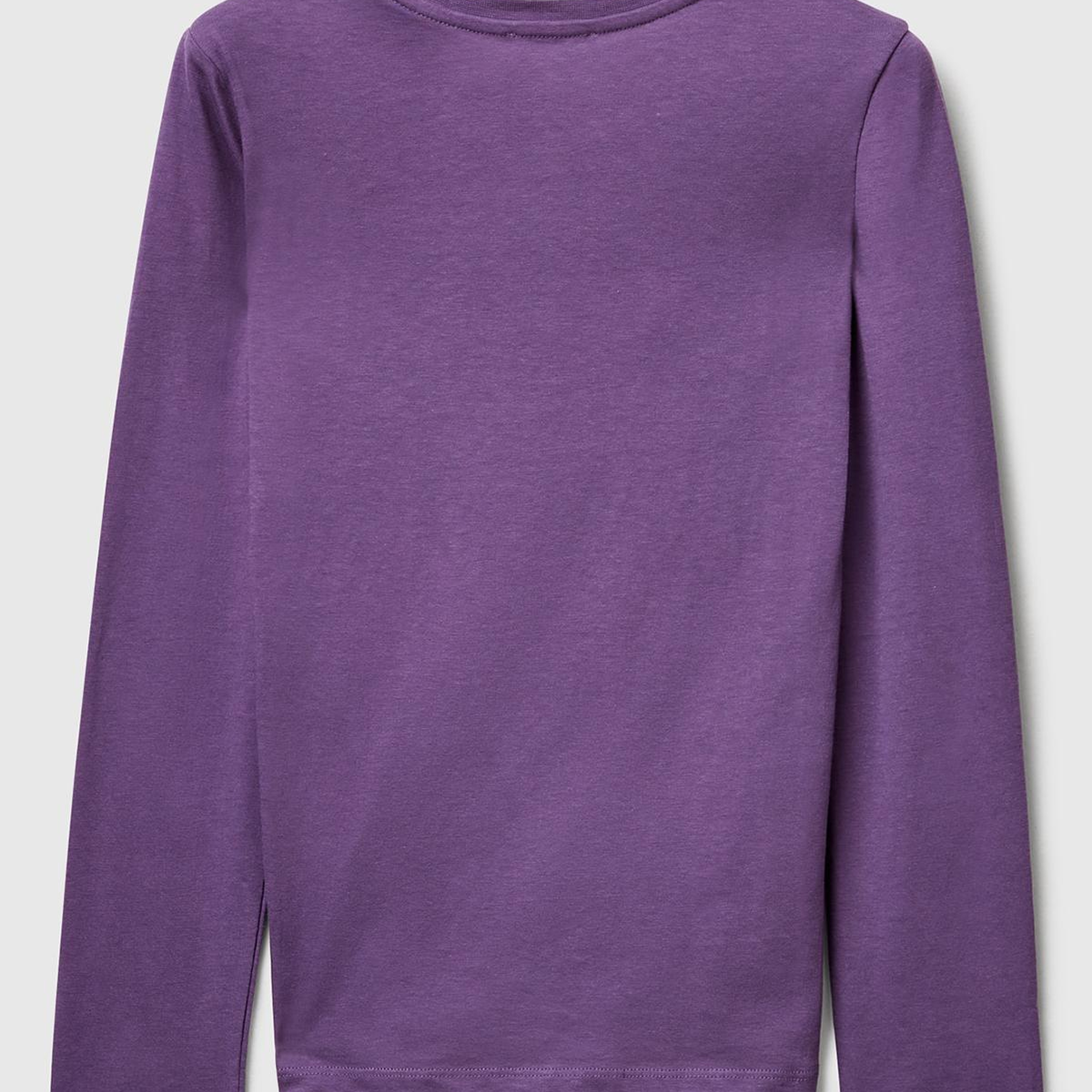 Kız Çocuk Mor Önü Simli Baskılı Ribana Yakalı Uzun Kollu T-shirt