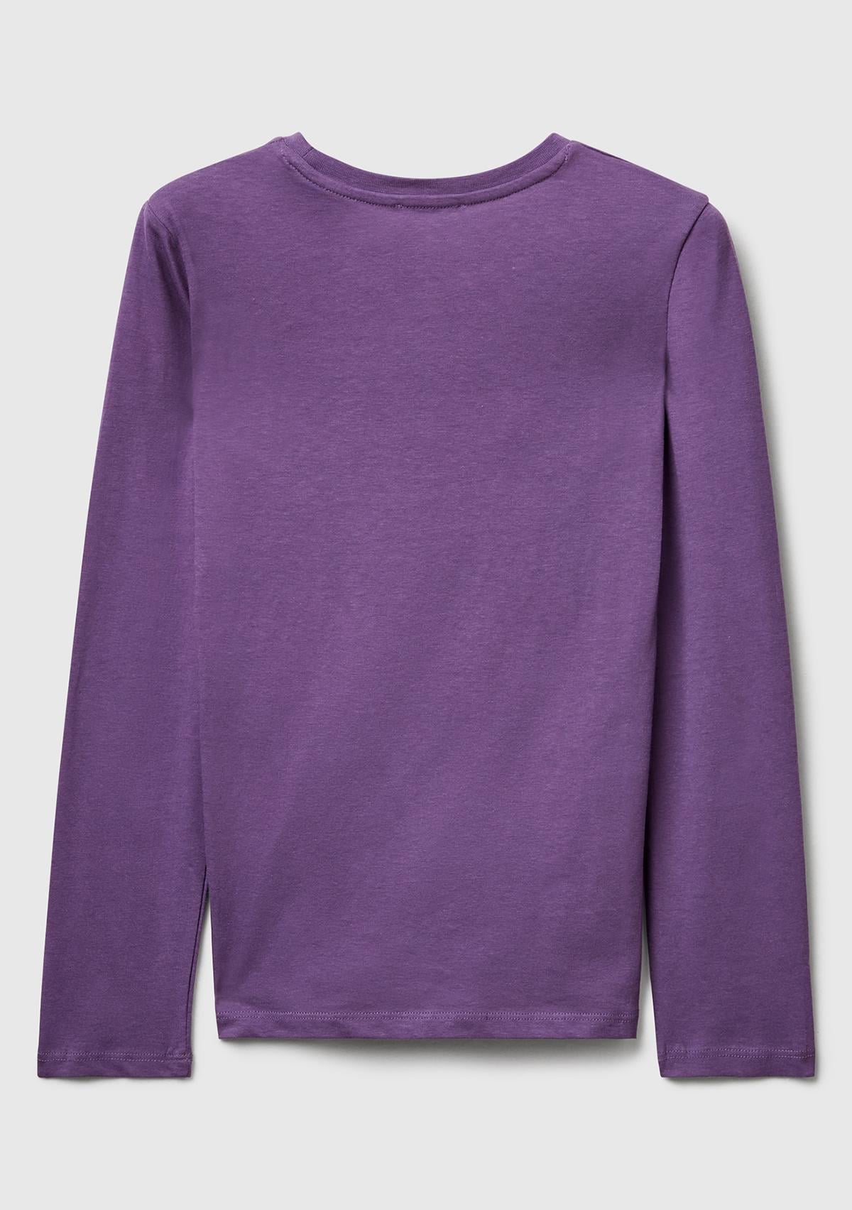 Kız Çocuk Mor Önü Simli Baskılı Ribana Yakalı Uzun Kollu T-shirt