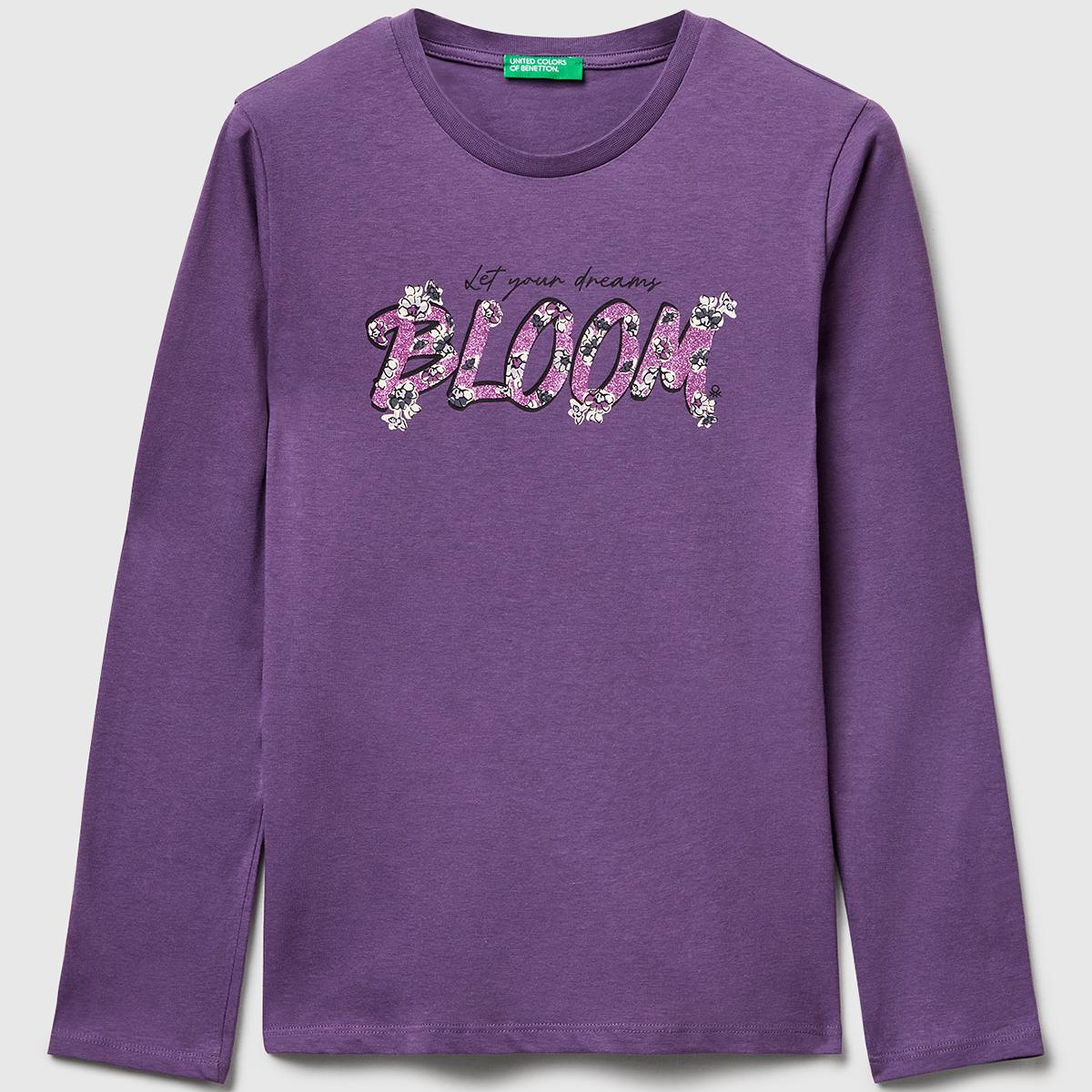 Kız Çocuk Mor Önü Simli Baskılı Ribana Yakalı Uzun Kollu T-shirt