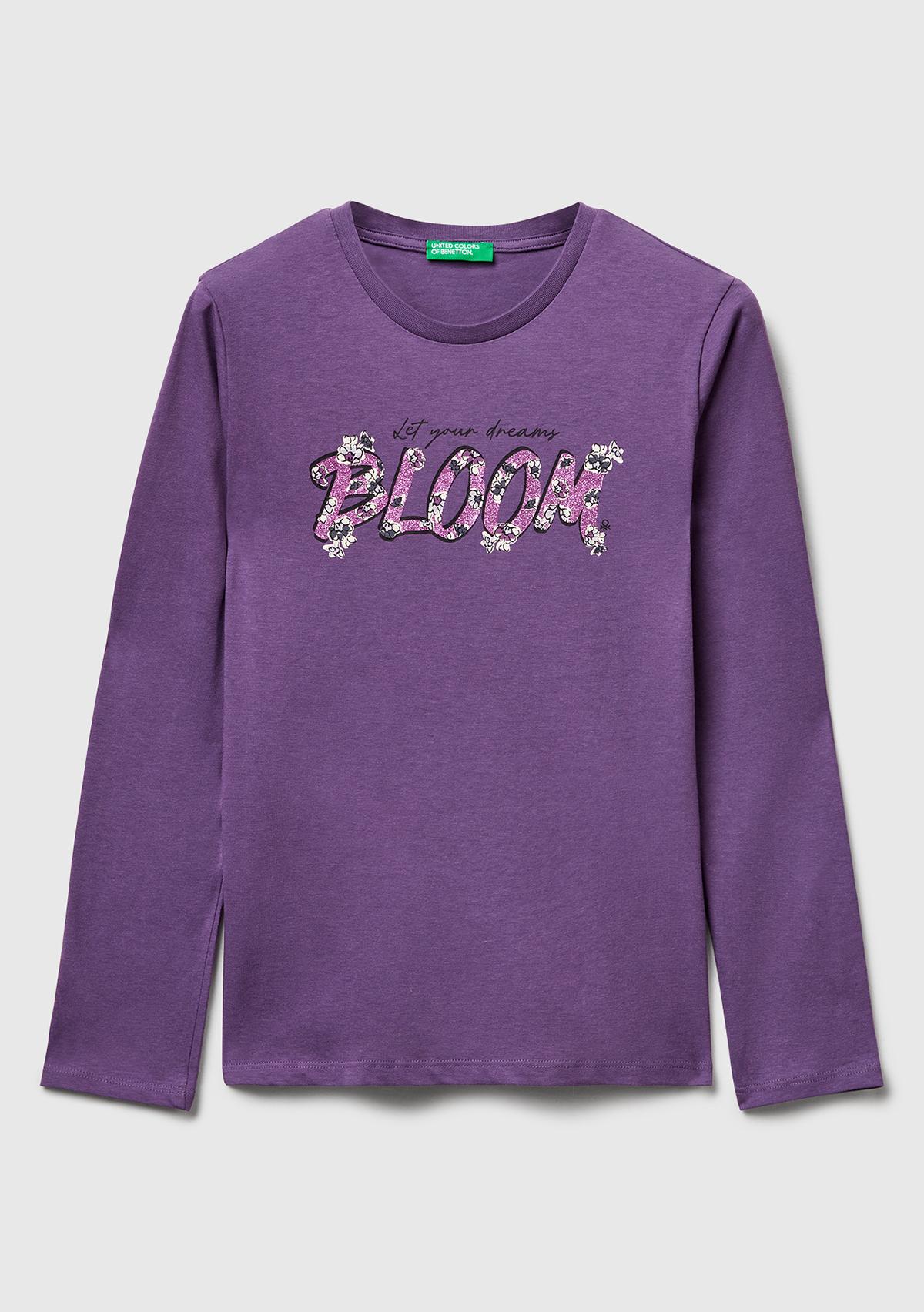 Kız Çocuk Mor Önü Simli Baskılı Ribana Yakalı Uzun Kollu T-shirt