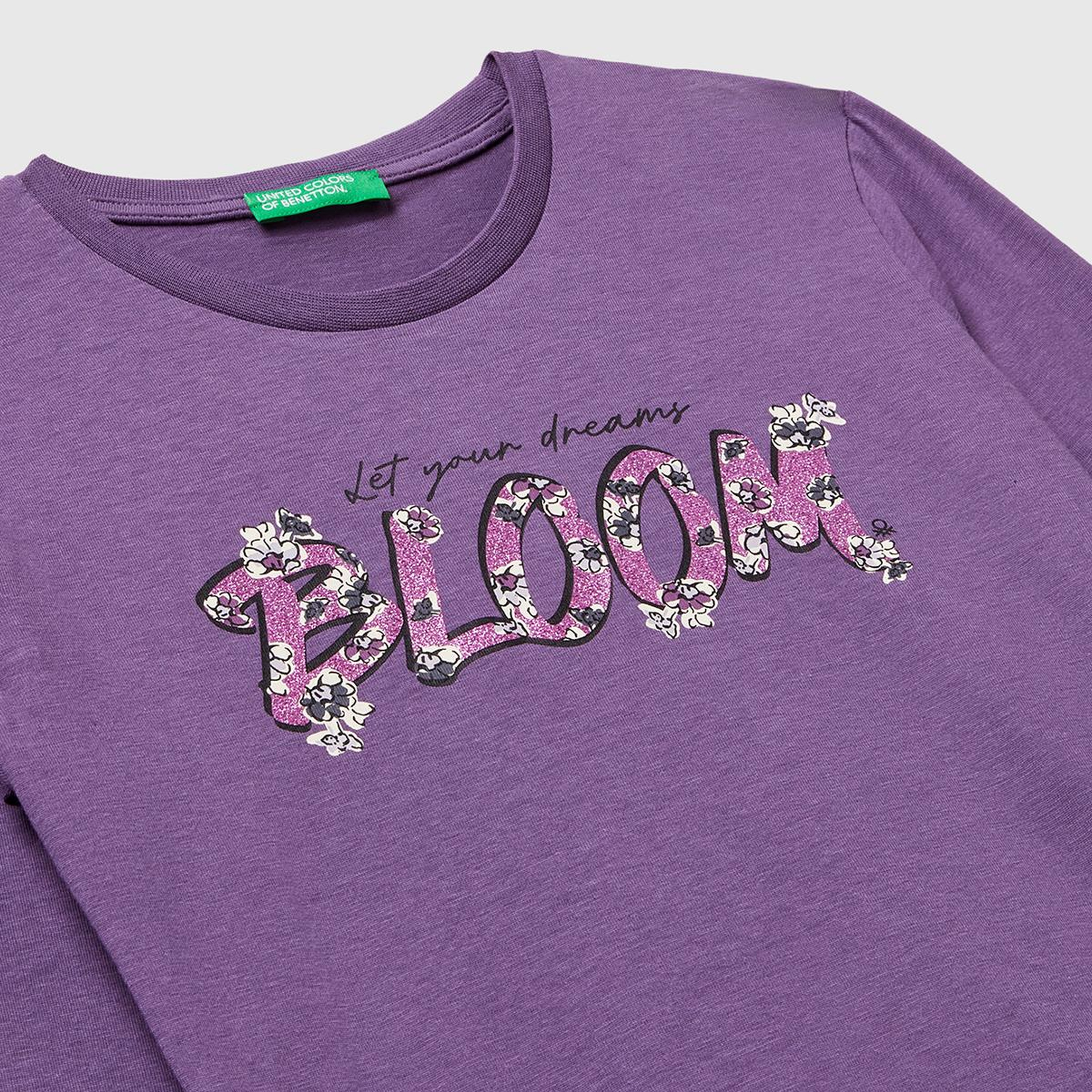 Kız Çocuk Mor Önü Simli Baskılı Ribana Yakalı Uzun Kollu T-shirt