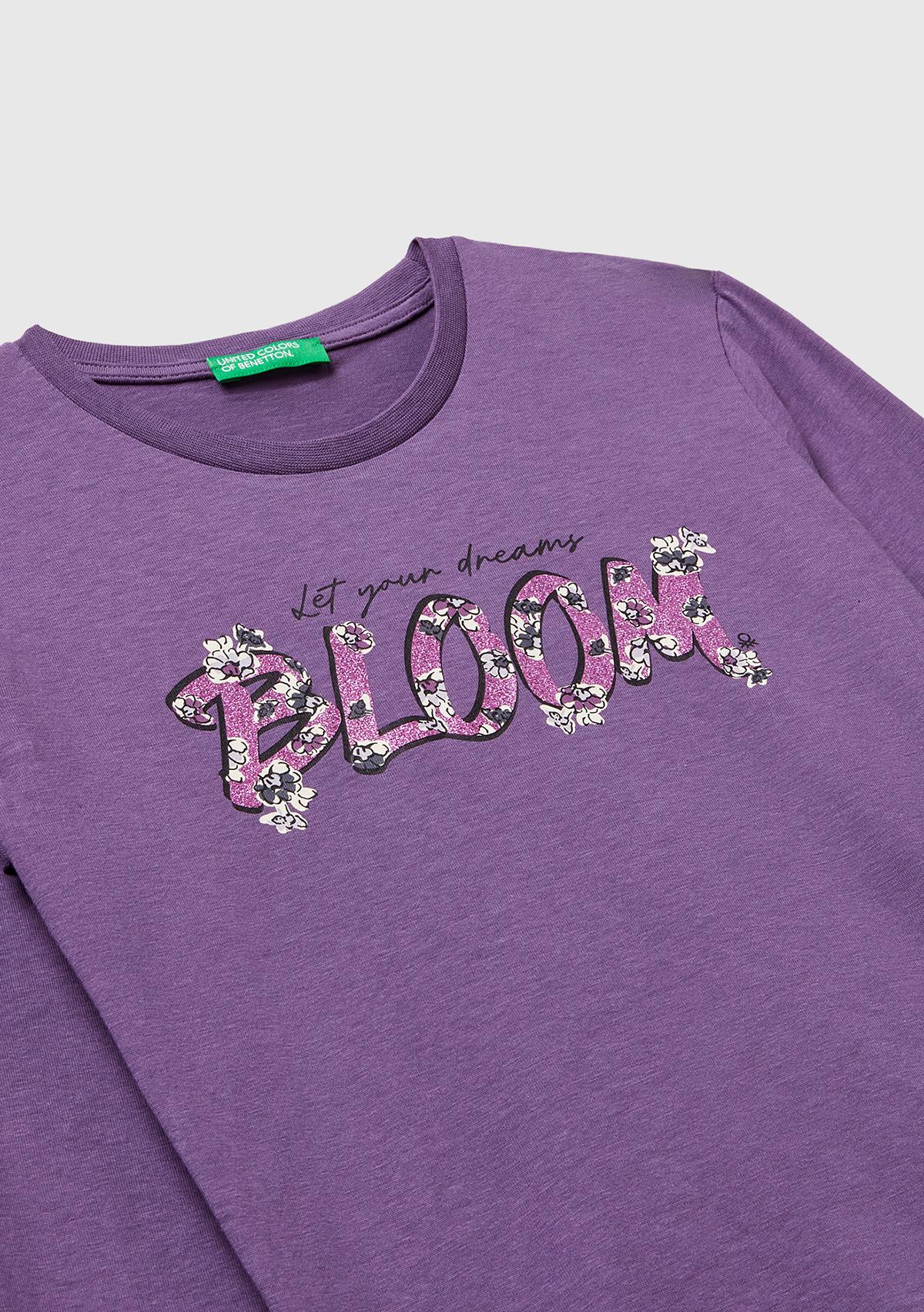 Kız Çocuk Mor Önü Simli Baskılı Ribana Yakalı Uzun Kollu T-shirt