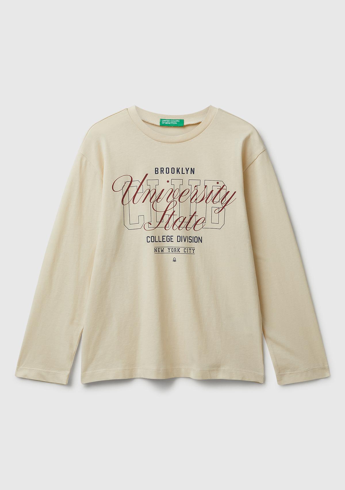 Erkek Çocuk Krem Önü Baskılı Bisiklet Yaka Uzun Kollu T-shirt
